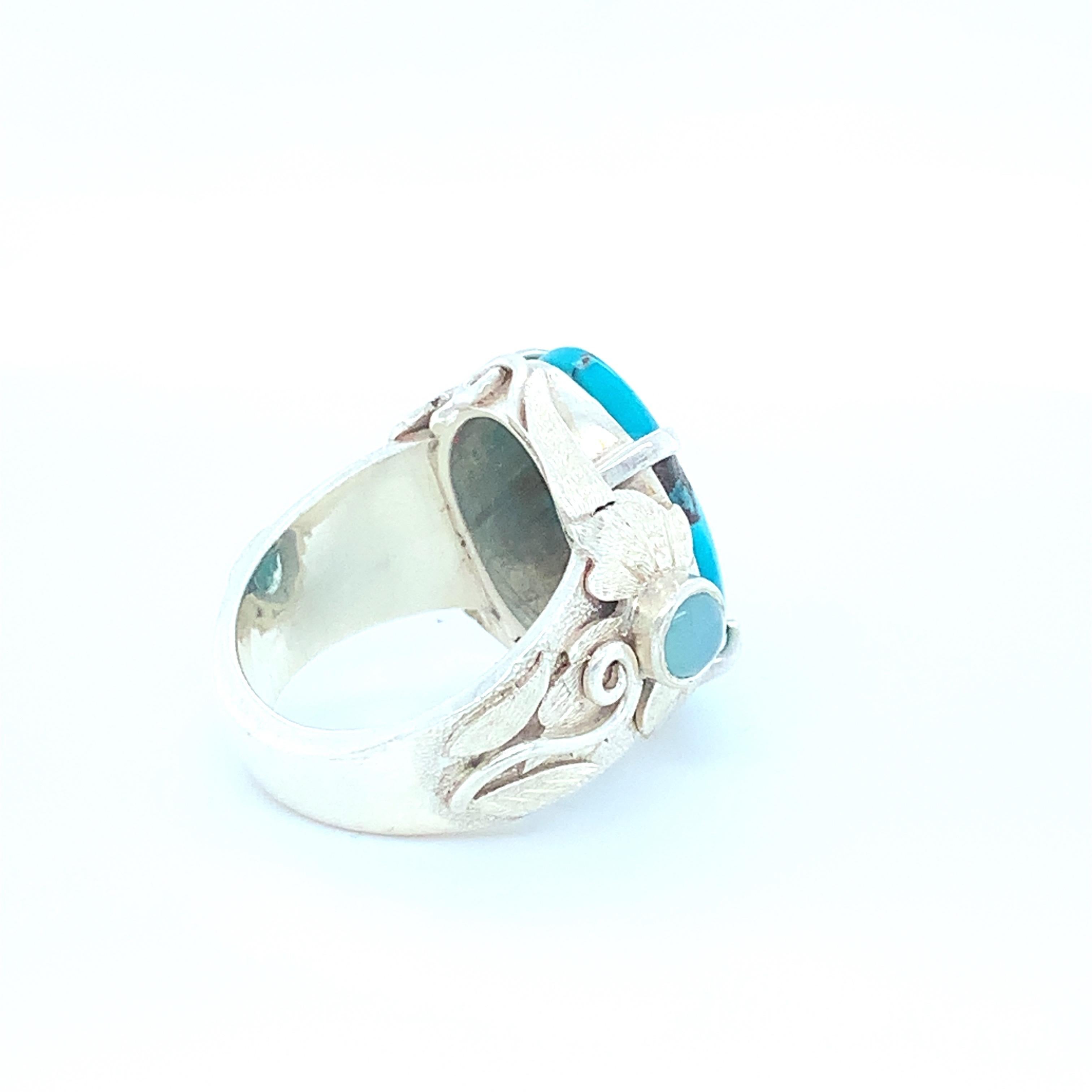 Handcrafted Natural Turquoise One of a Kind Sterling Cocktail Ring For Sale 1