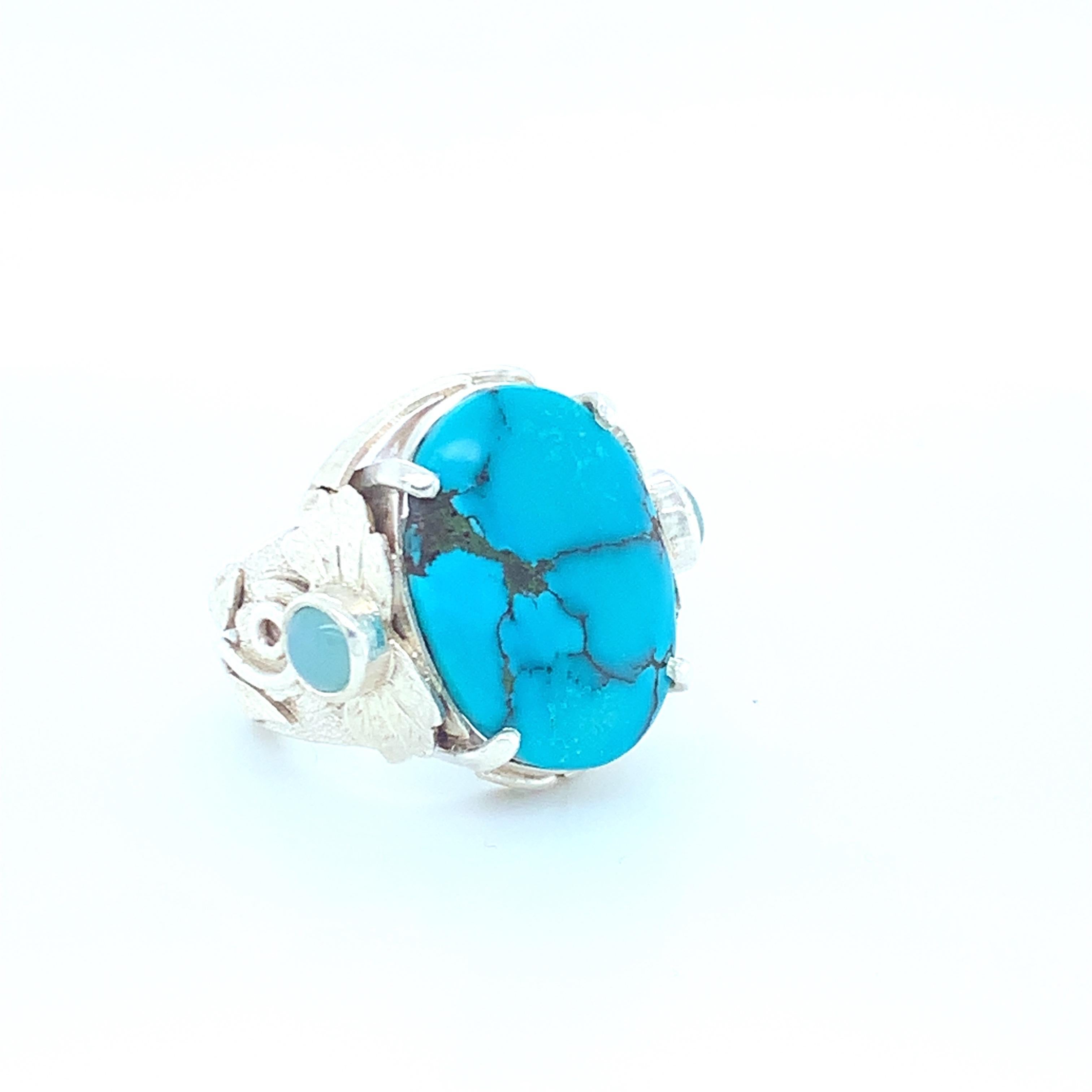 Handcrafted Natural Turquoise One of a Kind Sterling Cocktail Ring For Sale 2