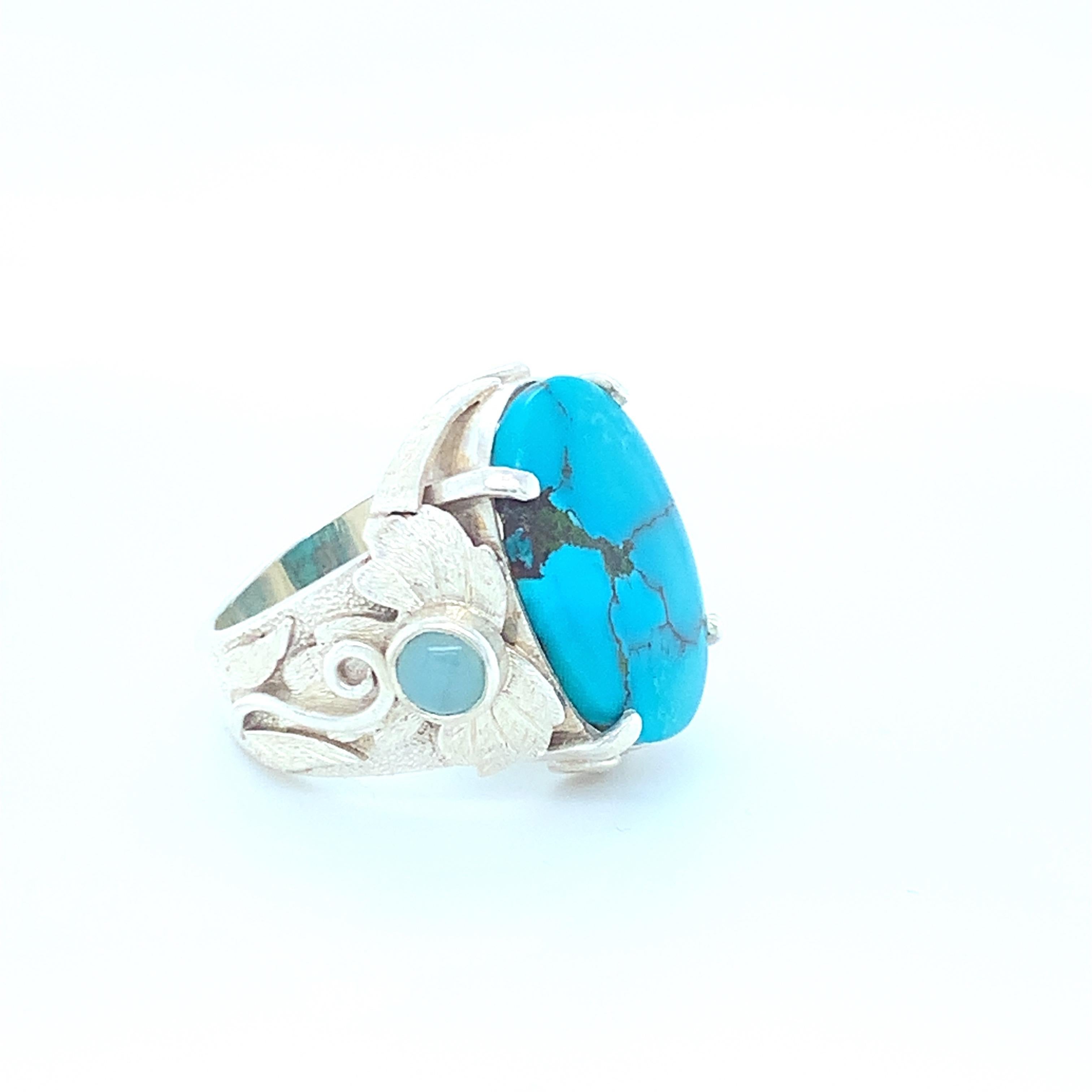 Handcrafted Natural Turquoise One of a Kind Sterling Cocktail Ring For Sale 3