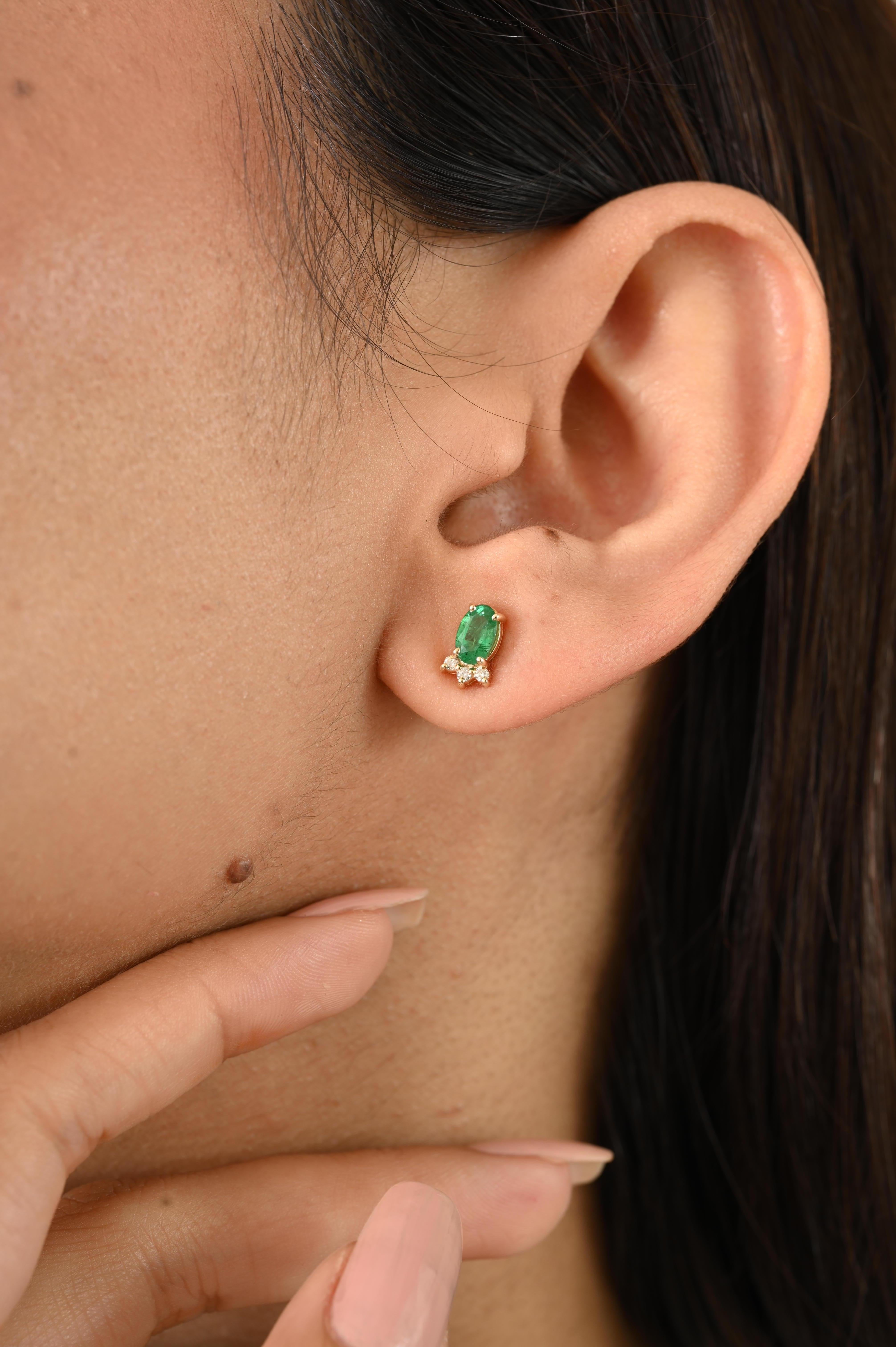 Oval Cut Handcrafted Natural Zambian Emerald & Diamond Stud Earrings in 14k Yellow Gold For Sale
