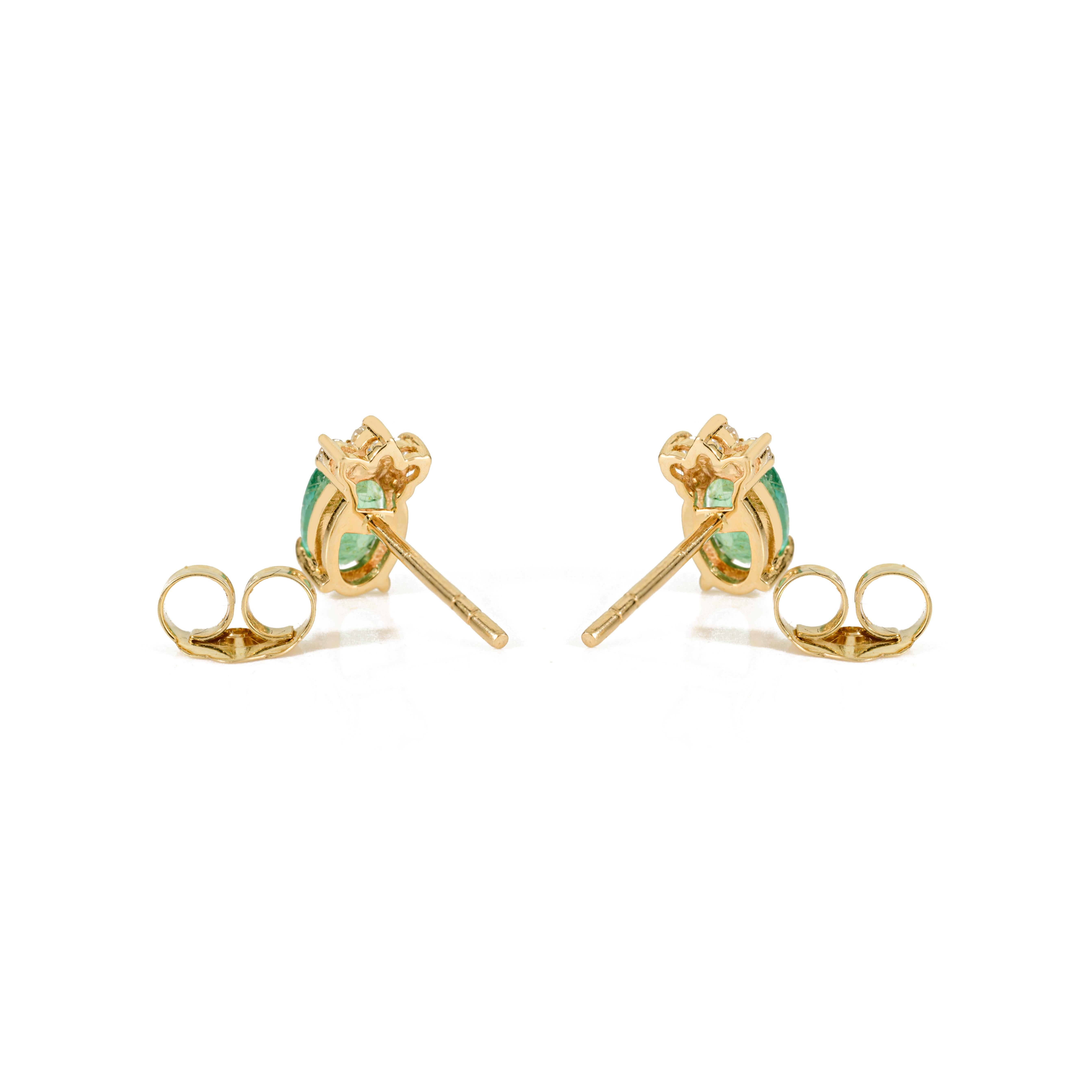 Handcrafted Natural Zambian Emerald & Diamond Stud Earrings in 14k Yellow Gold For Sale 1