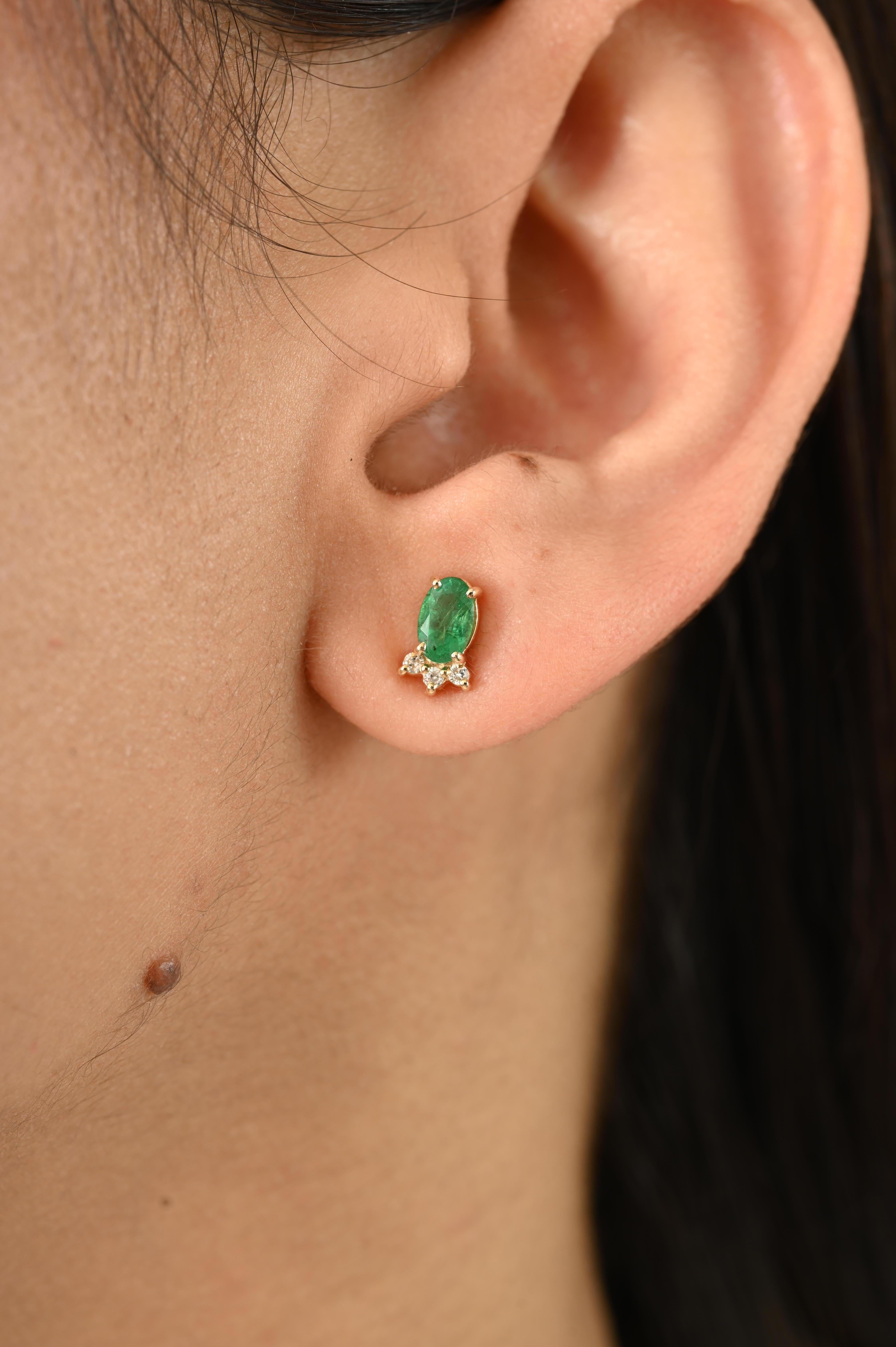 Handcrafted Natural Zambian Emerald & Diamond Stud Earrings in 14k Yellow Gold For Sale 2