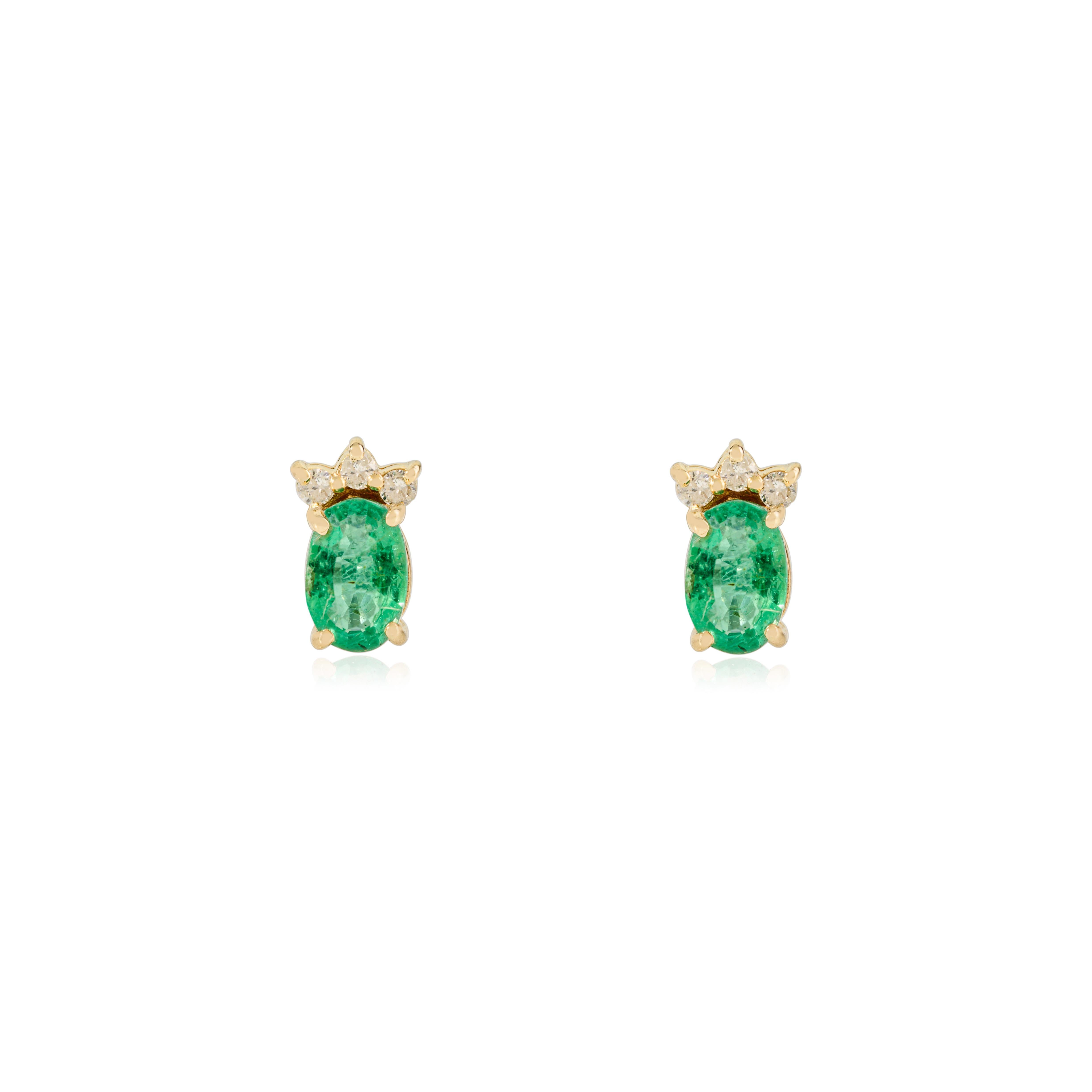 Handcrafted Natural Zambian Emerald & Diamond Stud Earrings in 14k Yellow Gold For Sale 3