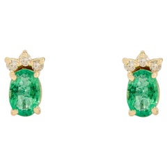 Handcrafted Natural Zambian Emerald & Diamond Stud Earrings in 14k Yellow Gold