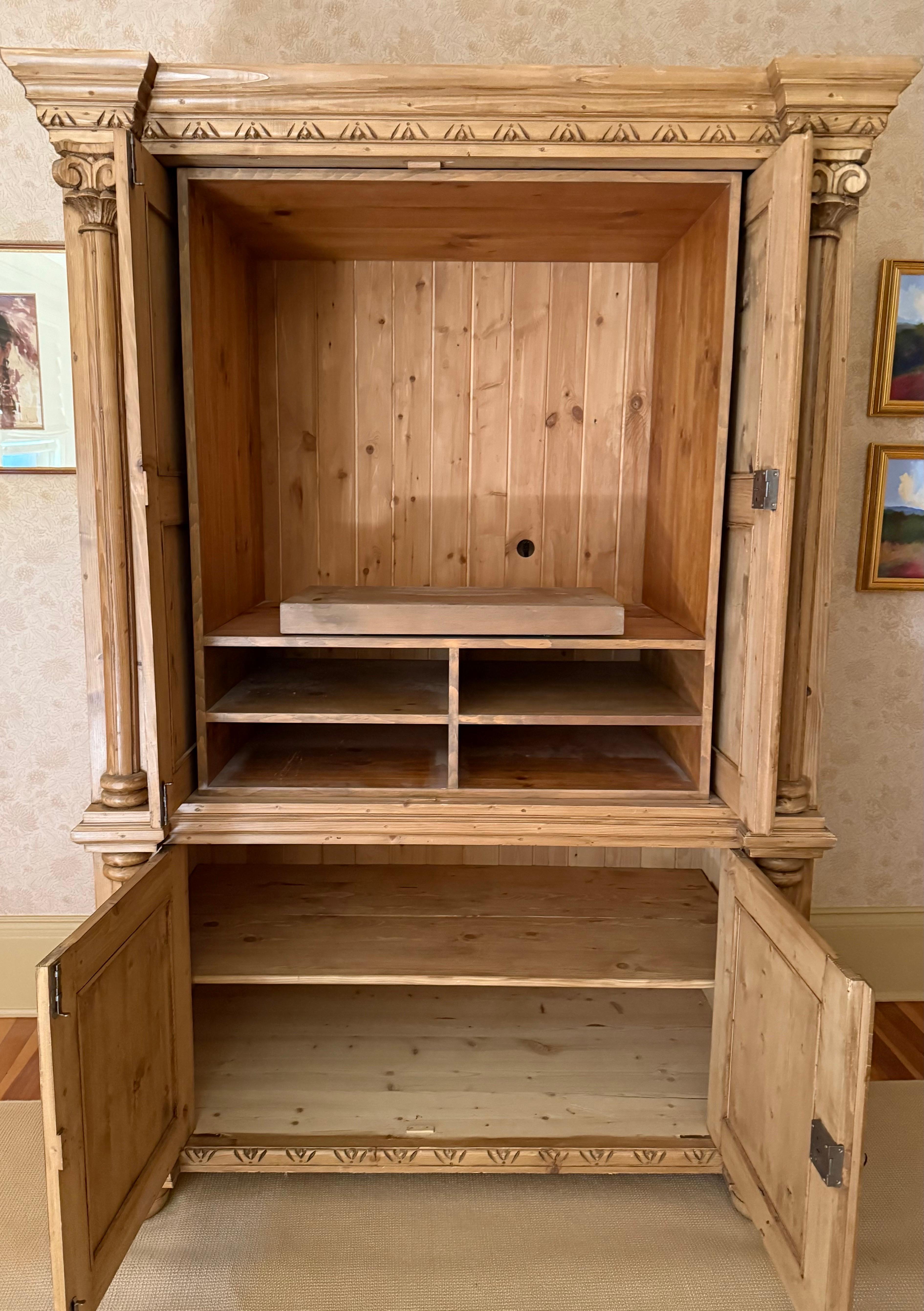 20th Century Handcrafted New England Pine Linen Press Armoire with Pocket Doors For Sale