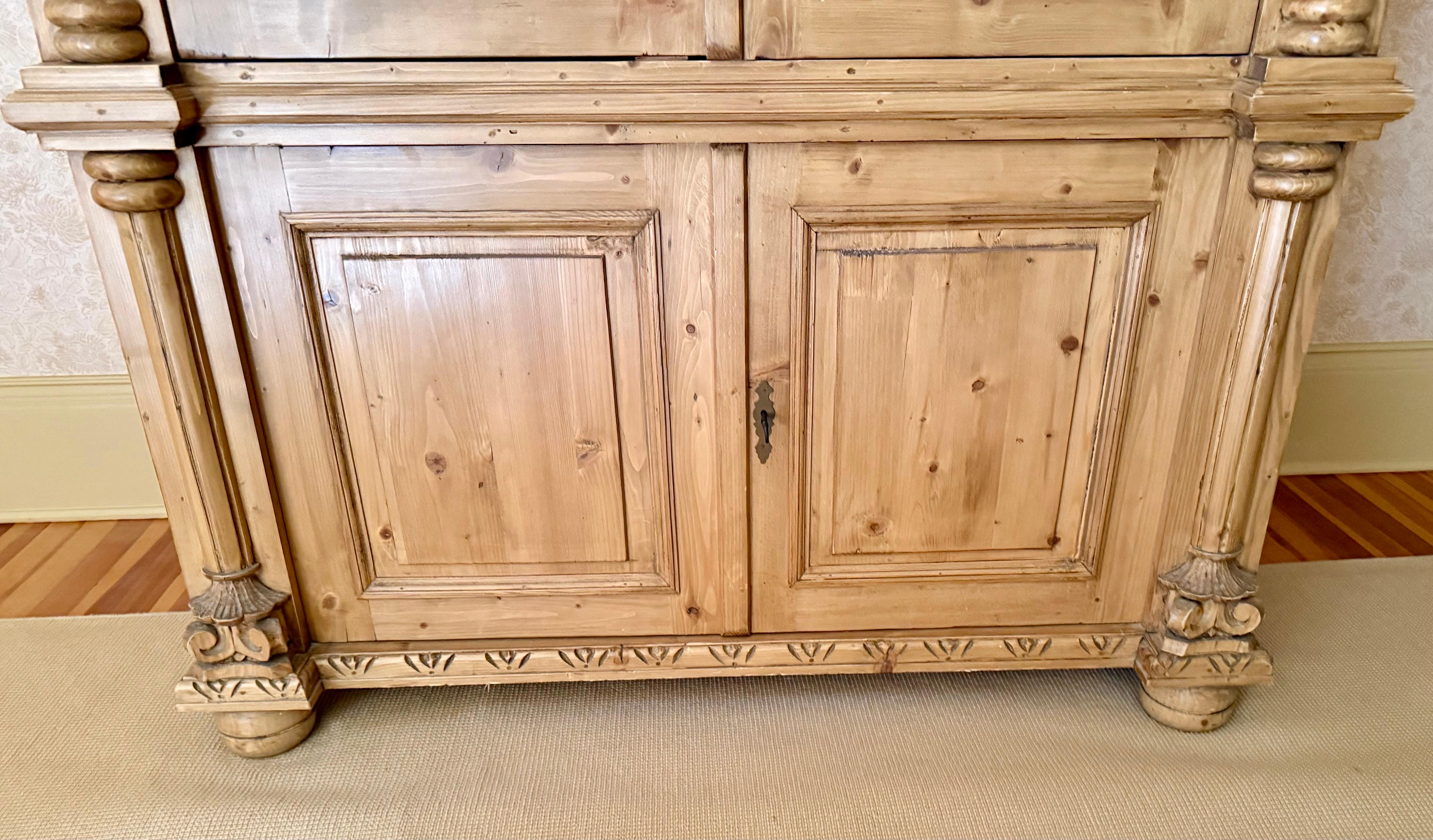 Handcrafted New England Pine Linen Press Armoire with Pocket Doors For Sale 1