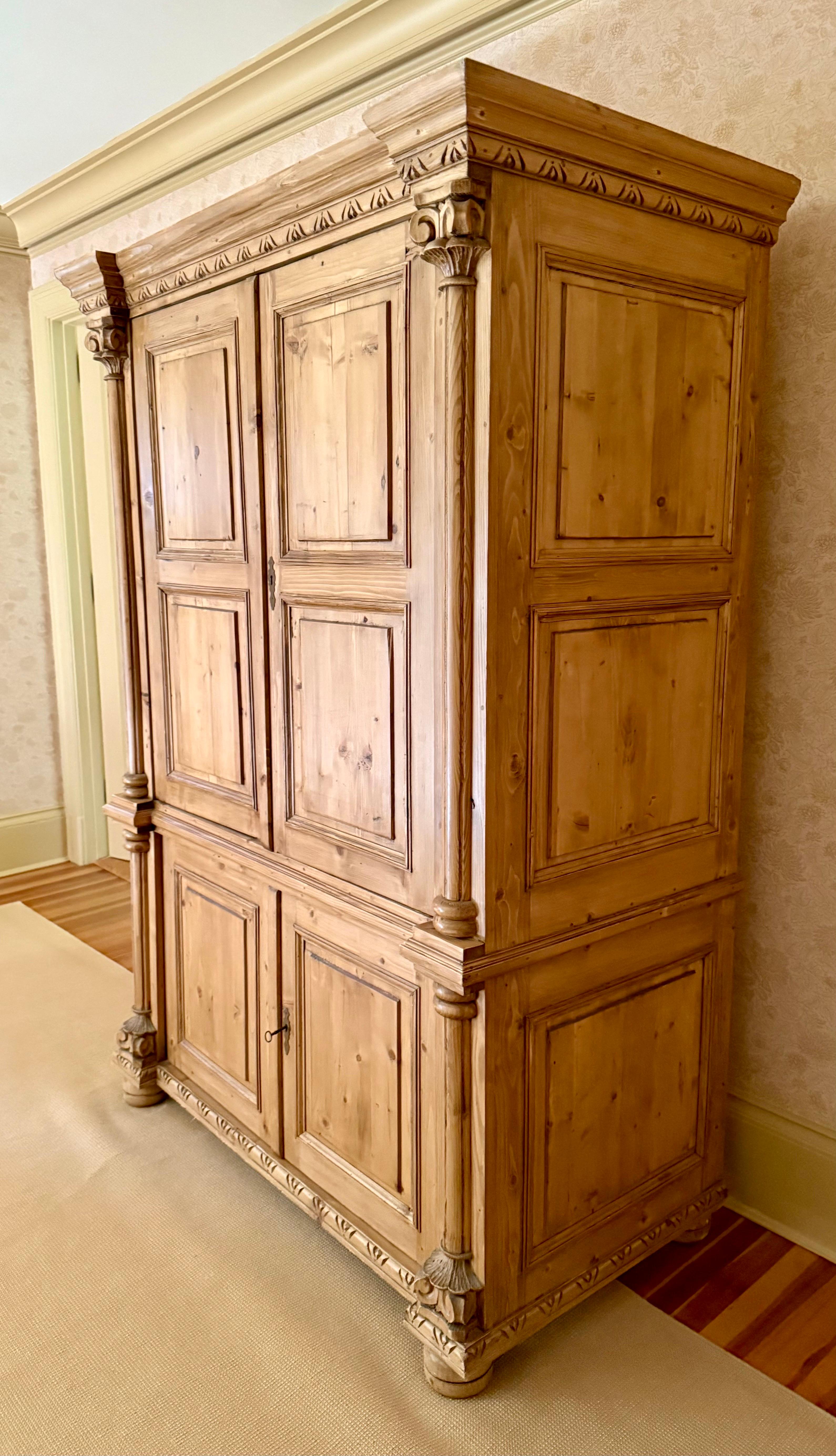 Handcrafted New England Pine Linen Press Armoire with Pocket Doors For Sale 2