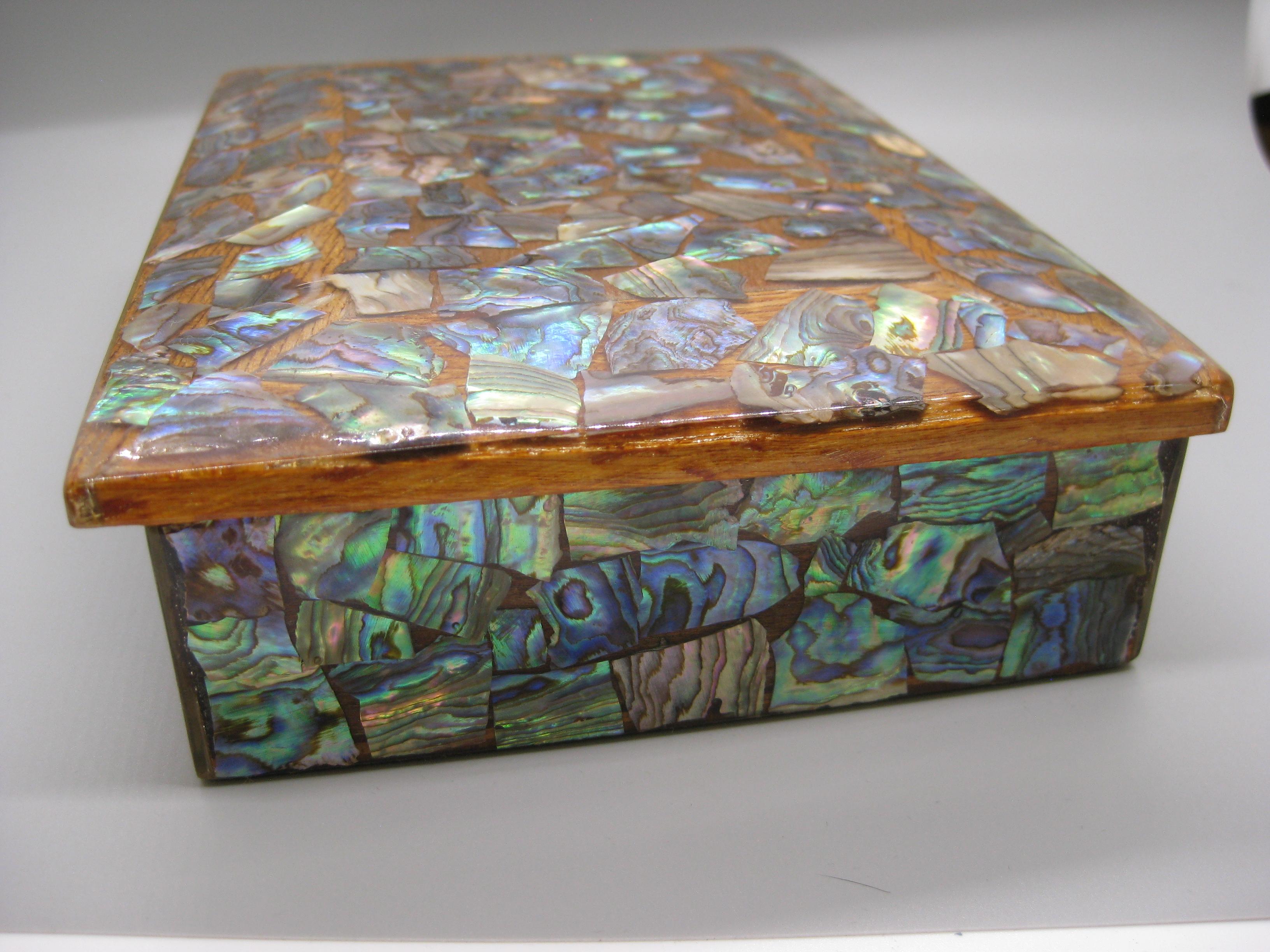 Caja de madera artesanal maorí de Nueva Zelanda Paua Abalone Shell Stash Trinket en venta 4