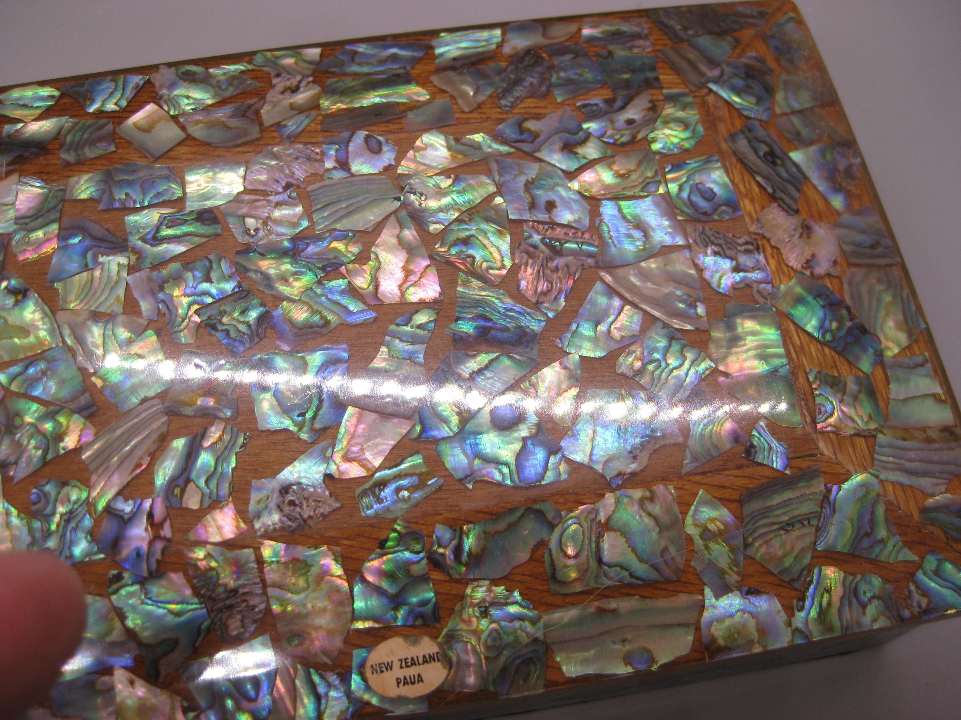 Caja de madera artesanal maorí de Nueva Zelanda Paua Abalone Shell Stash Trinket en venta 5