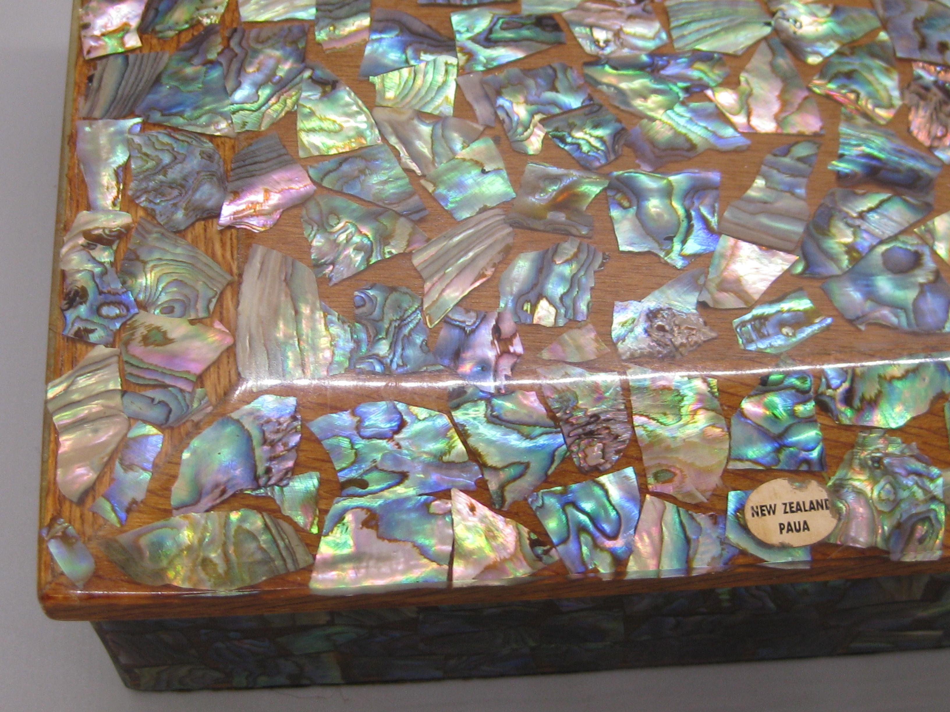 Caja de madera artesanal maorí de Nueva Zelanda Paua Abalone Shell Stash Trinket siglo XX en venta