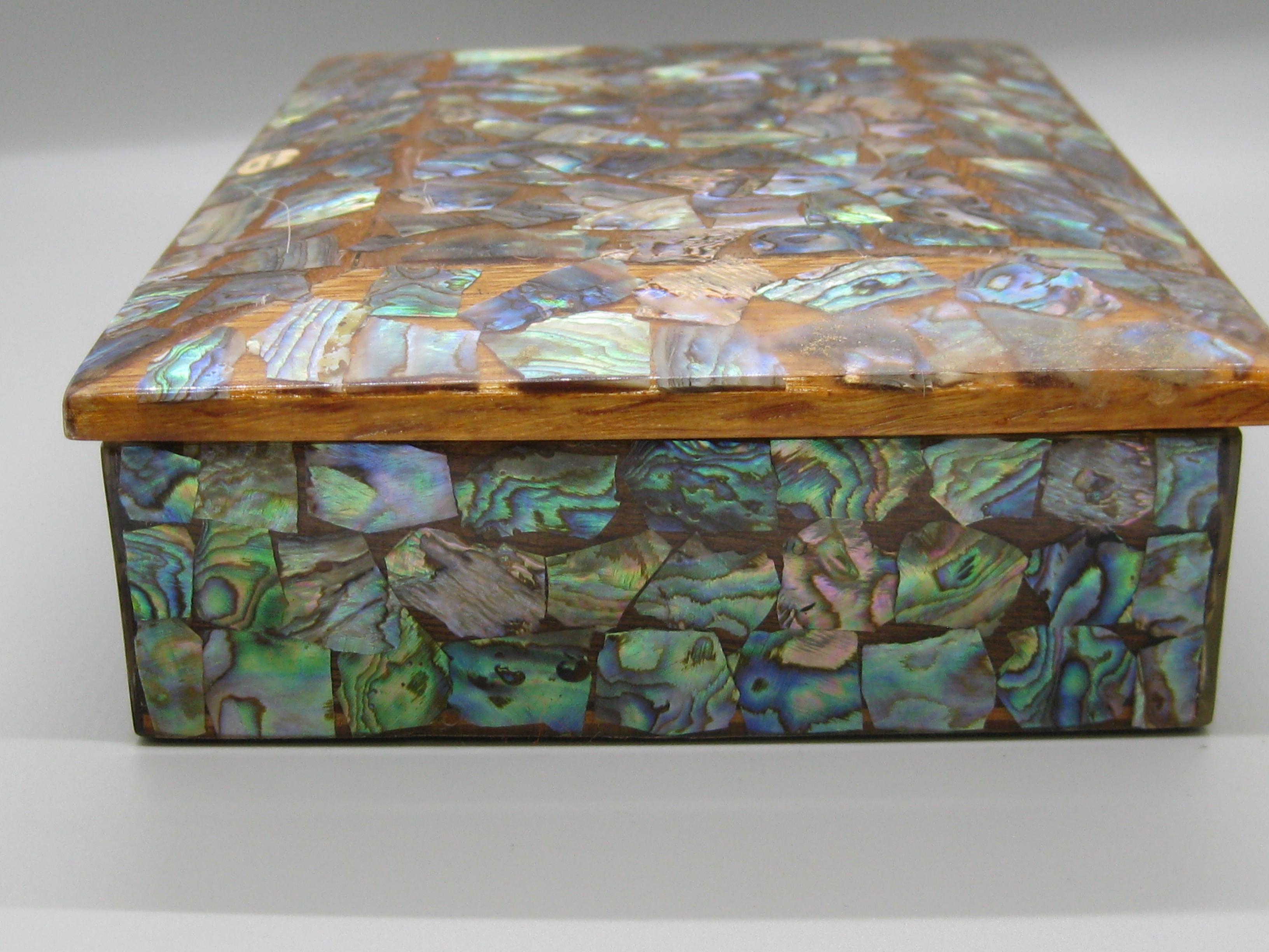 Caja de madera artesanal maorí de Nueva Zelanda Paua Abalone Shell Stash Trinket en venta 1