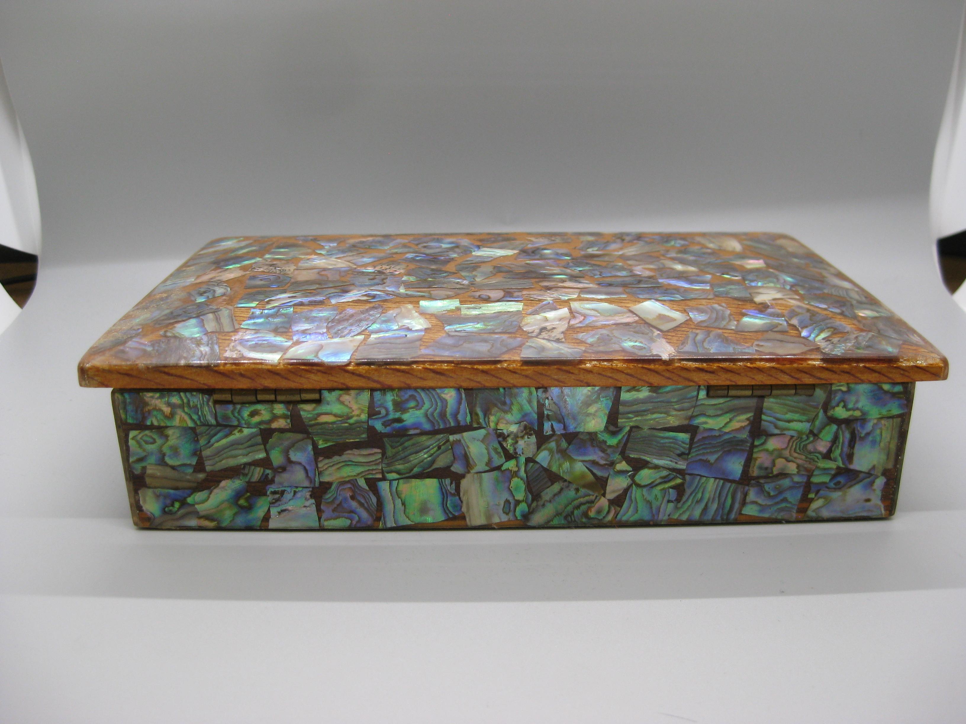 Caja de madera artesanal maorí de Nueva Zelanda Paua Abalone Shell Stash Trinket en venta 2