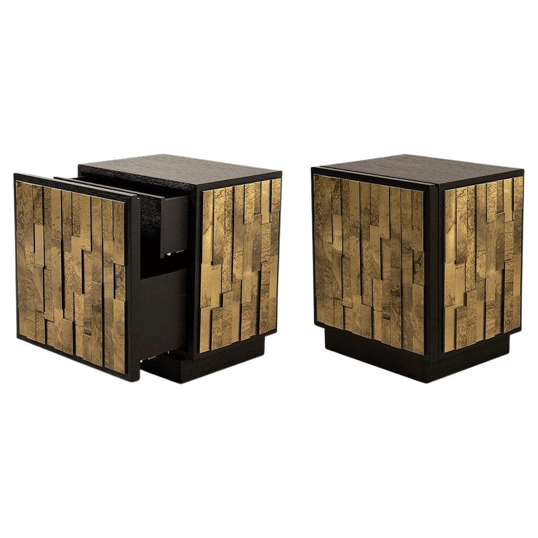 Handcrafted Nightstand in Layered Brass Facades, Set of 2 For Sale
