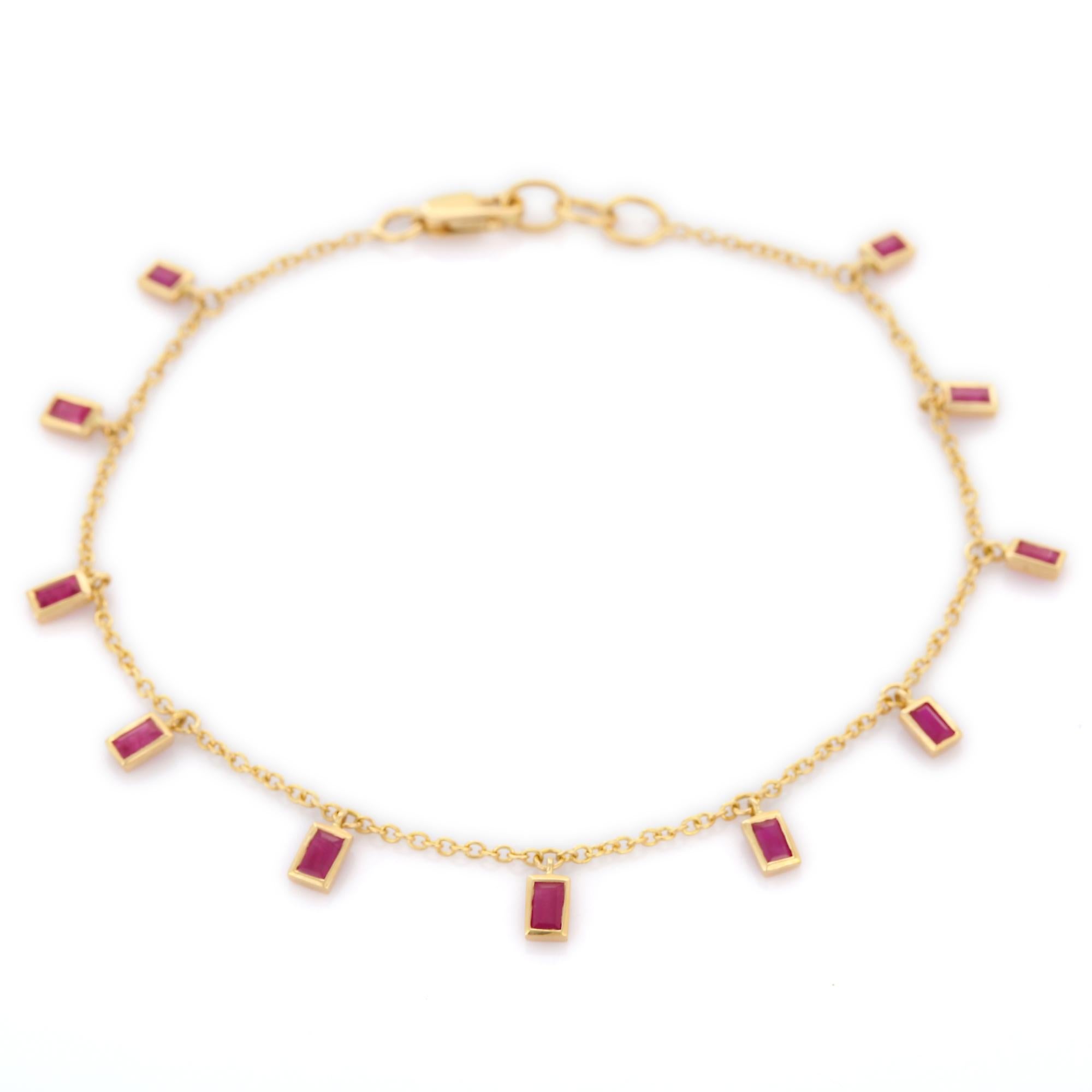 Contemporary Handcrafted Octagon Cut Ruby Dangling Chain Bracelet in 18 Karat Yellow Gold  For Sale