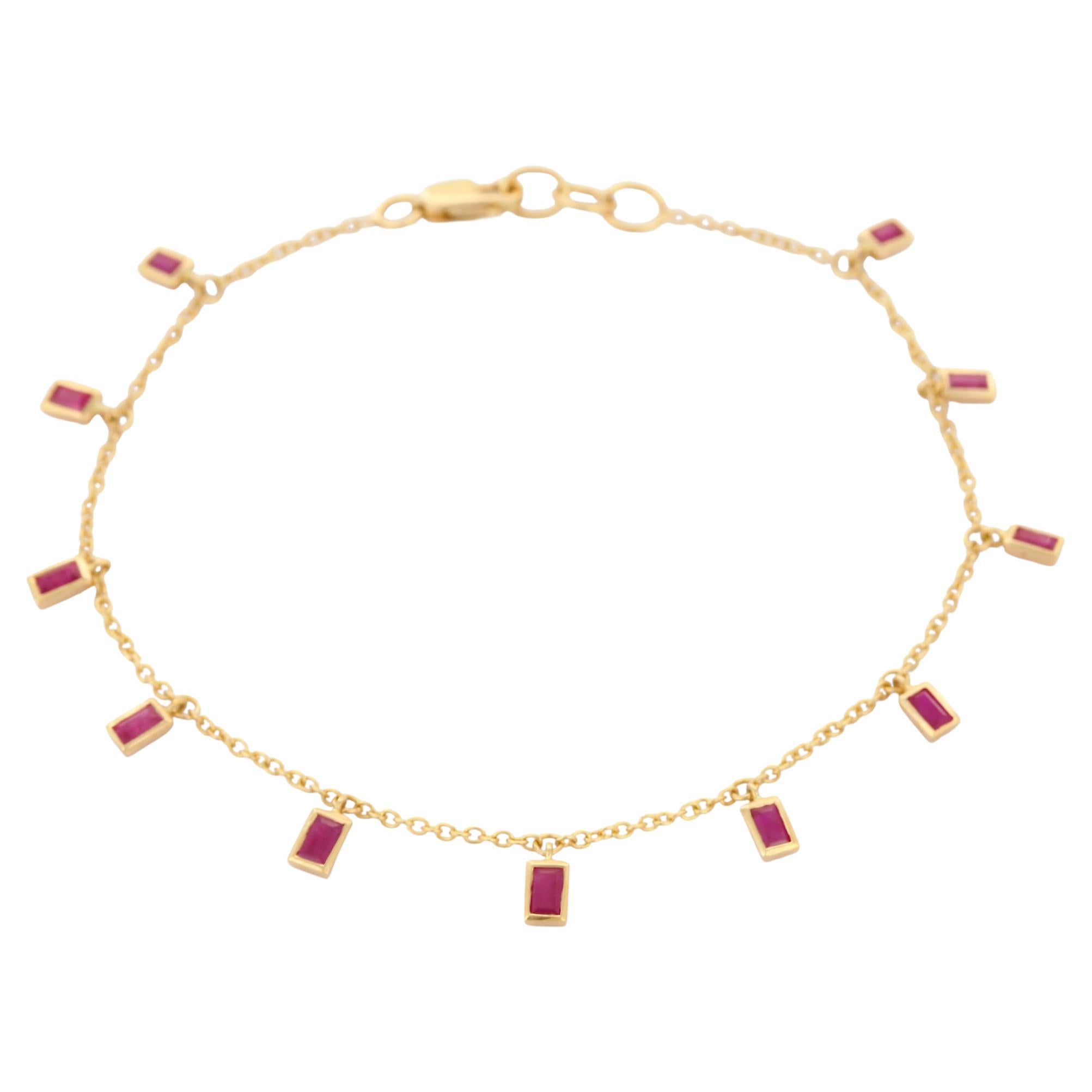 Handcrafted Octagon Cut Ruby Dangling Chain Bracelet in 18 Karat Yellow Gold  For Sale