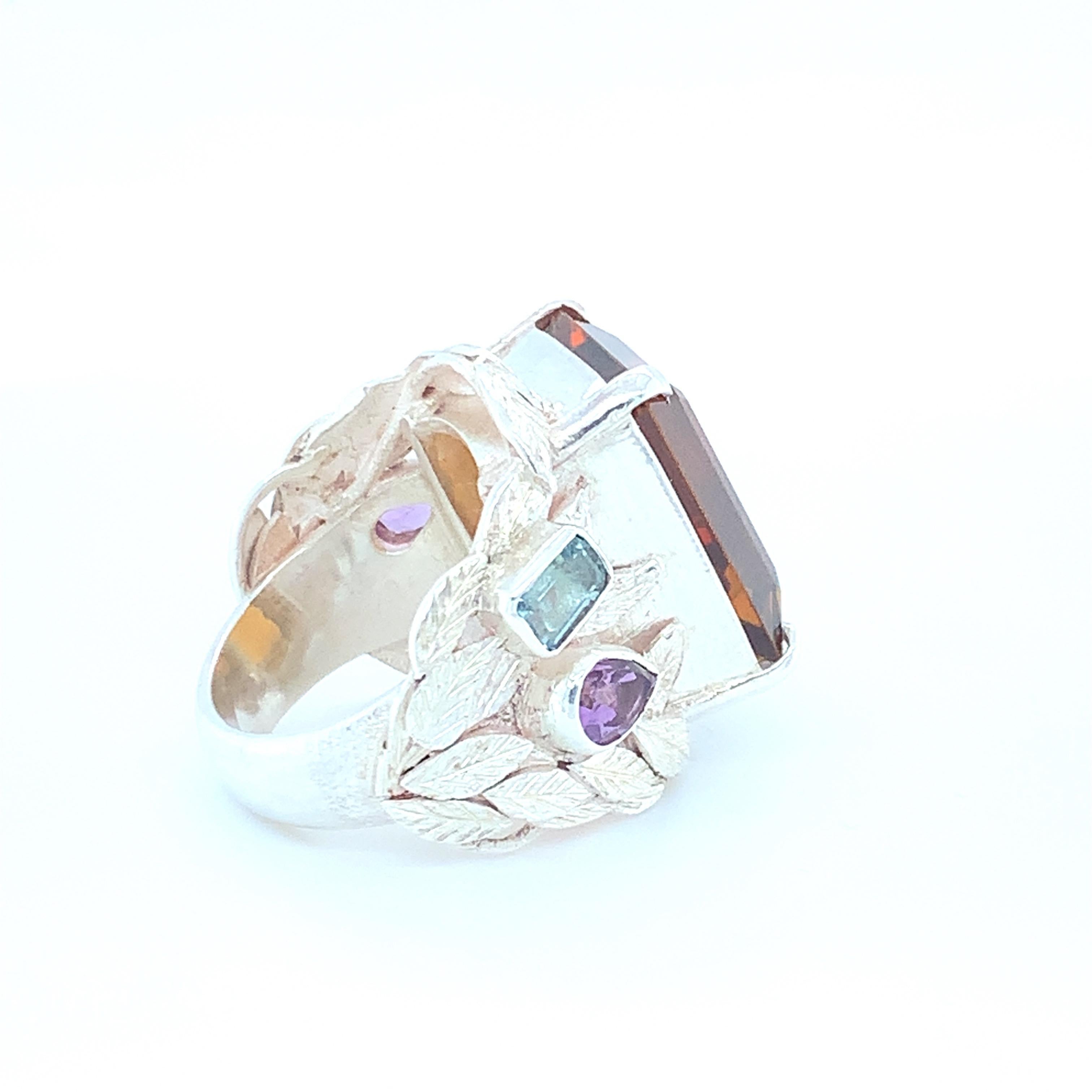 Artisan Handcrafted One of a Kind Brandy Topaz Cocktail Ring Set in Sterling Silver For Sale