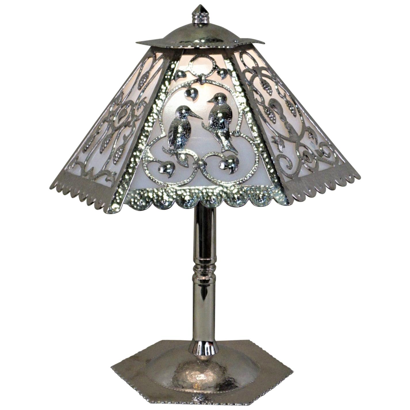 Handcrafted One of a Kind French Art Deco Nickel, Opaline Glass Table Lamp