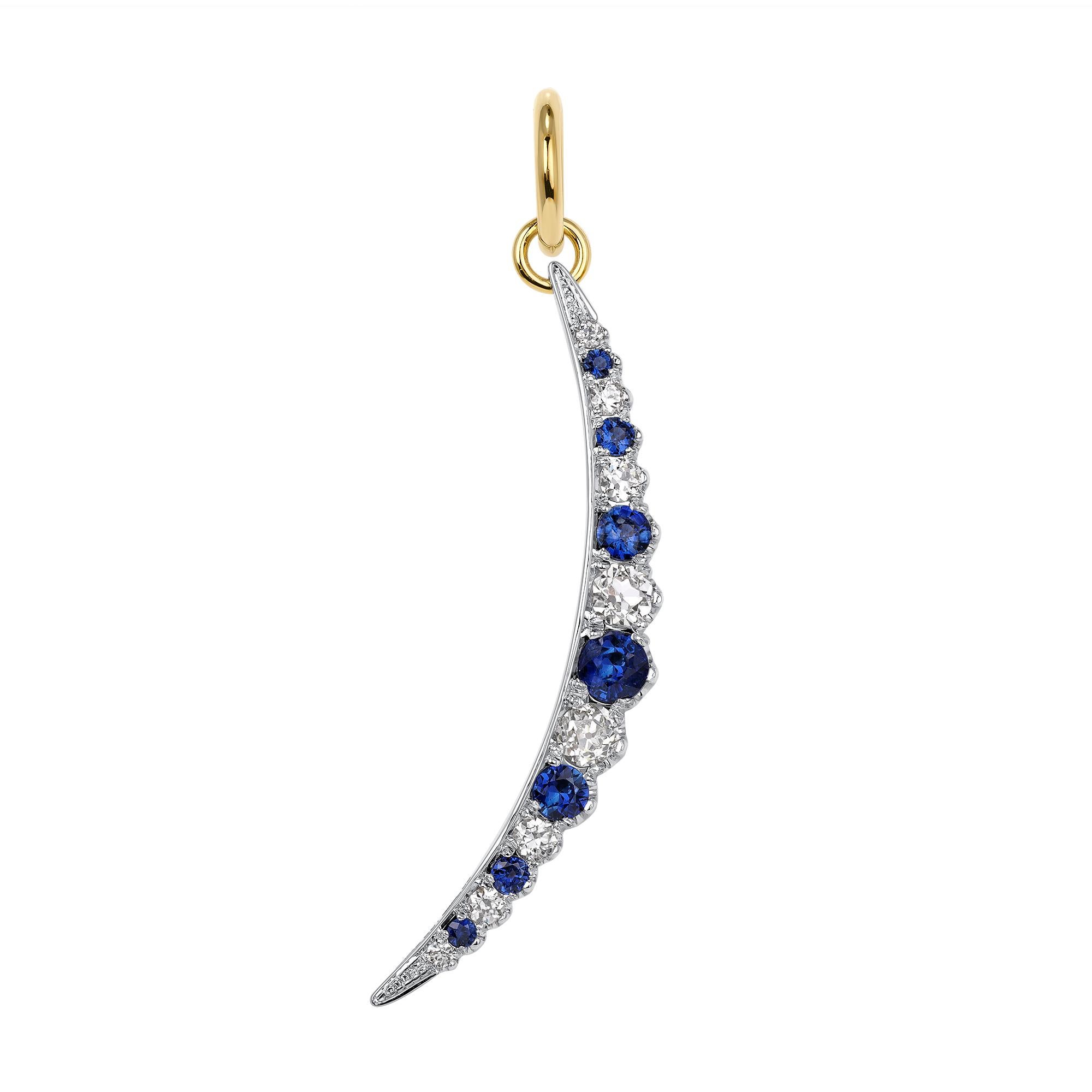 Approximately 0.95ctw G-H/VS-SI old European cut diamonds alongside approximately 1.15ctw round cut color gemstones prong set in a handcrafted 18K yellow gold and platinum crescent moon charm. 

Available with alternating blue sapphires or rubies. 