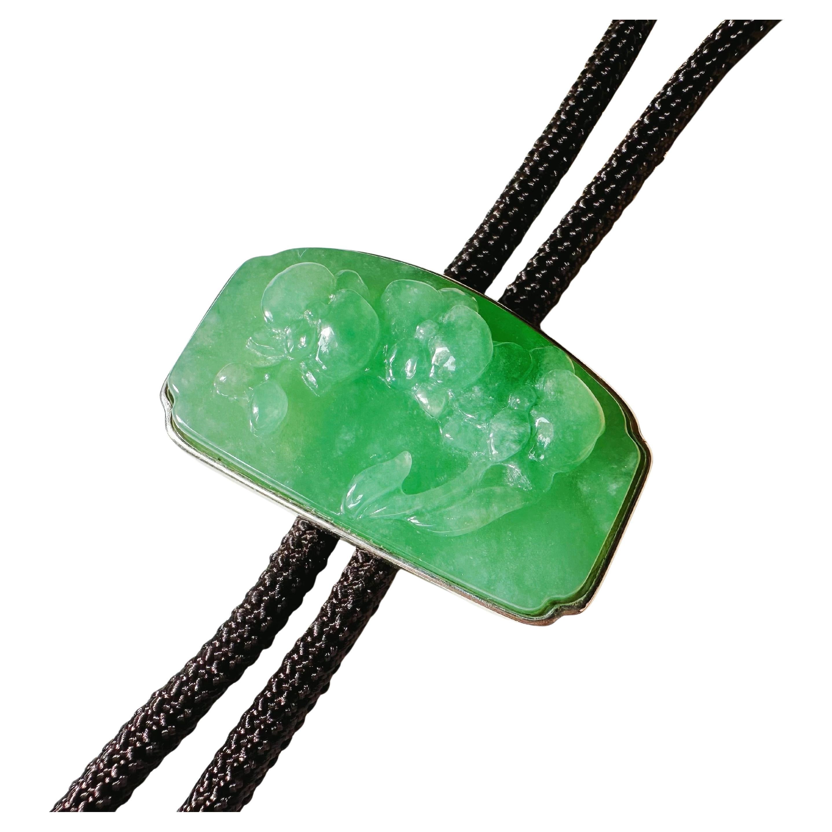 Handcrafted Orchid Flower Vivid Green Jade Pendant Necklace with Cord in Silver