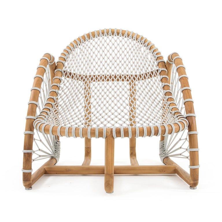 Handcrafted Outdoor Rope Armchair In Solid Teak For Sale at 1stDibs