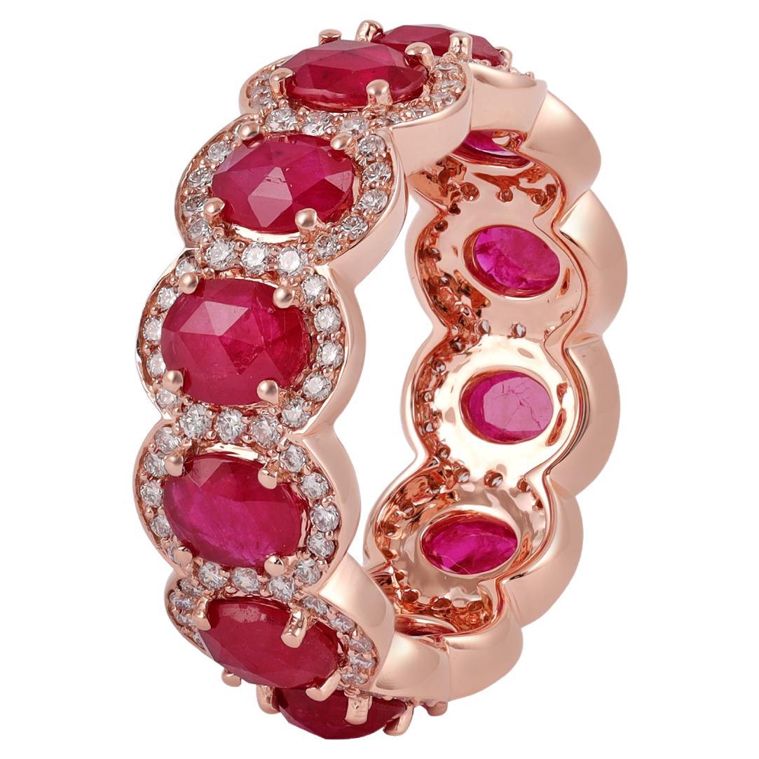 Handcrafted Oval Ruby Band with Brilliant Round Cut Diamond For Sale