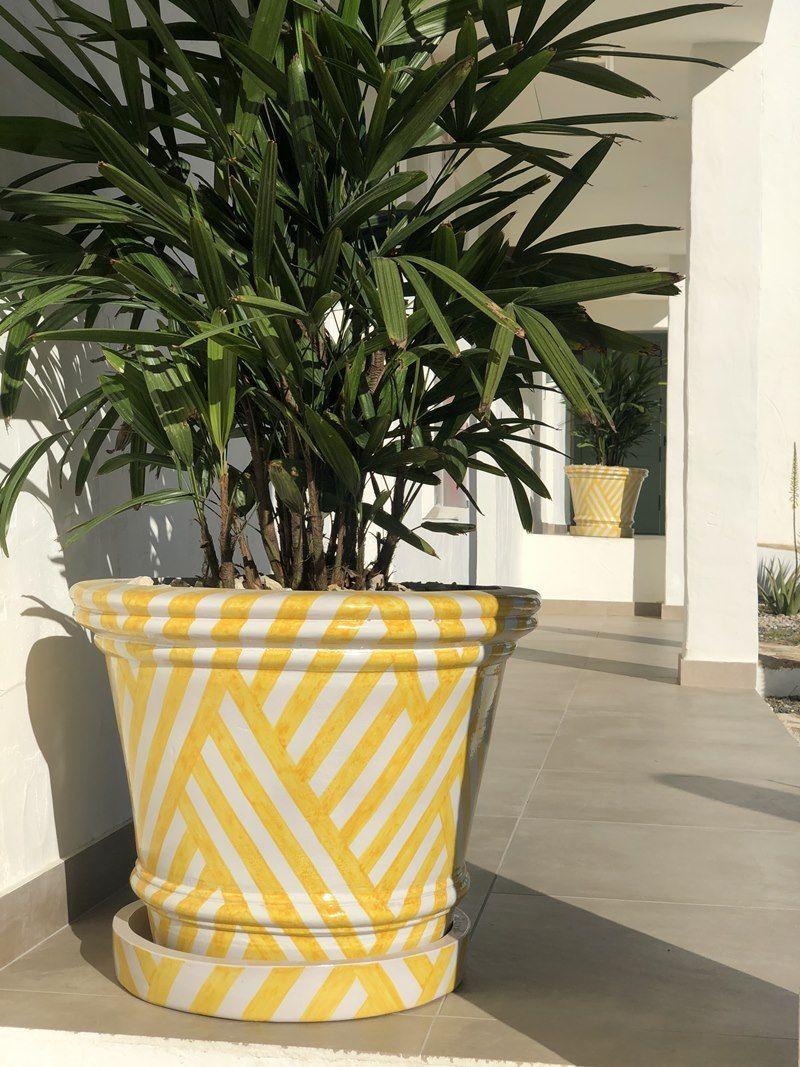 Spanish Colonial Handcrafted Oversized Glazed Terracotta Planters Geometric Pattern Design Small For Sale