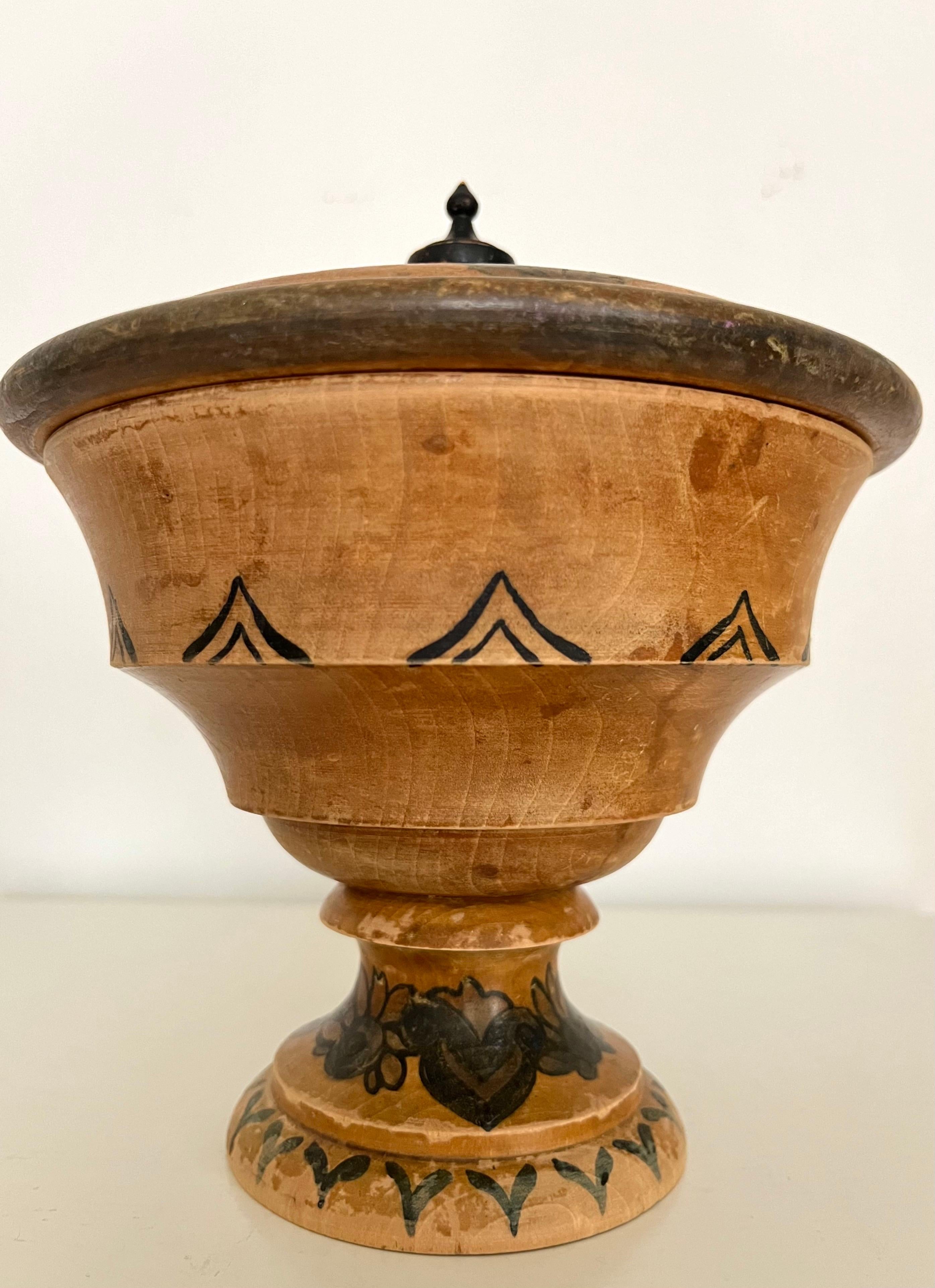 20th Century Handcrafted Painted Wooden Lidded Bowl in Art Nouveau Folk Style, Denmark, 1930s For Sale
