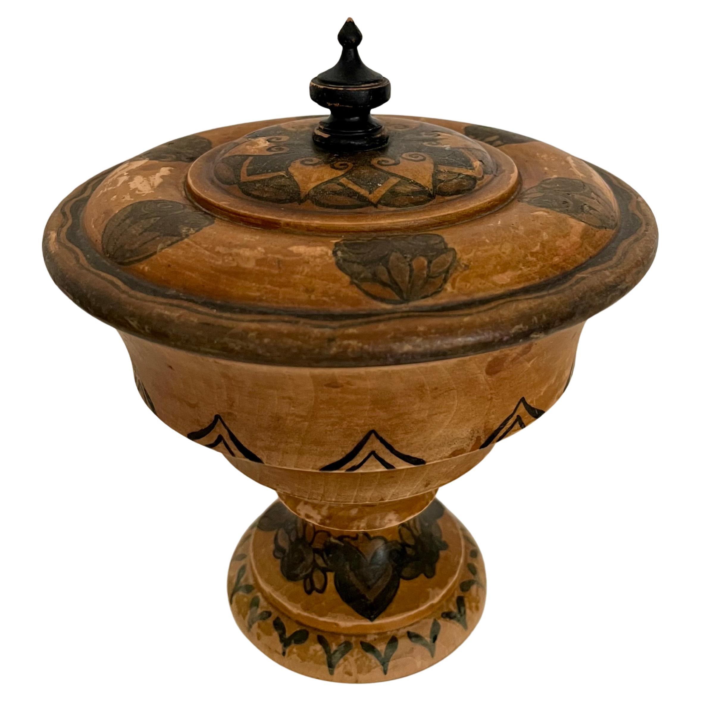 Handcrafted Painted Wooden Lidded Bowl in Art Nouveau Folk Style, Denmark, 1930s For Sale