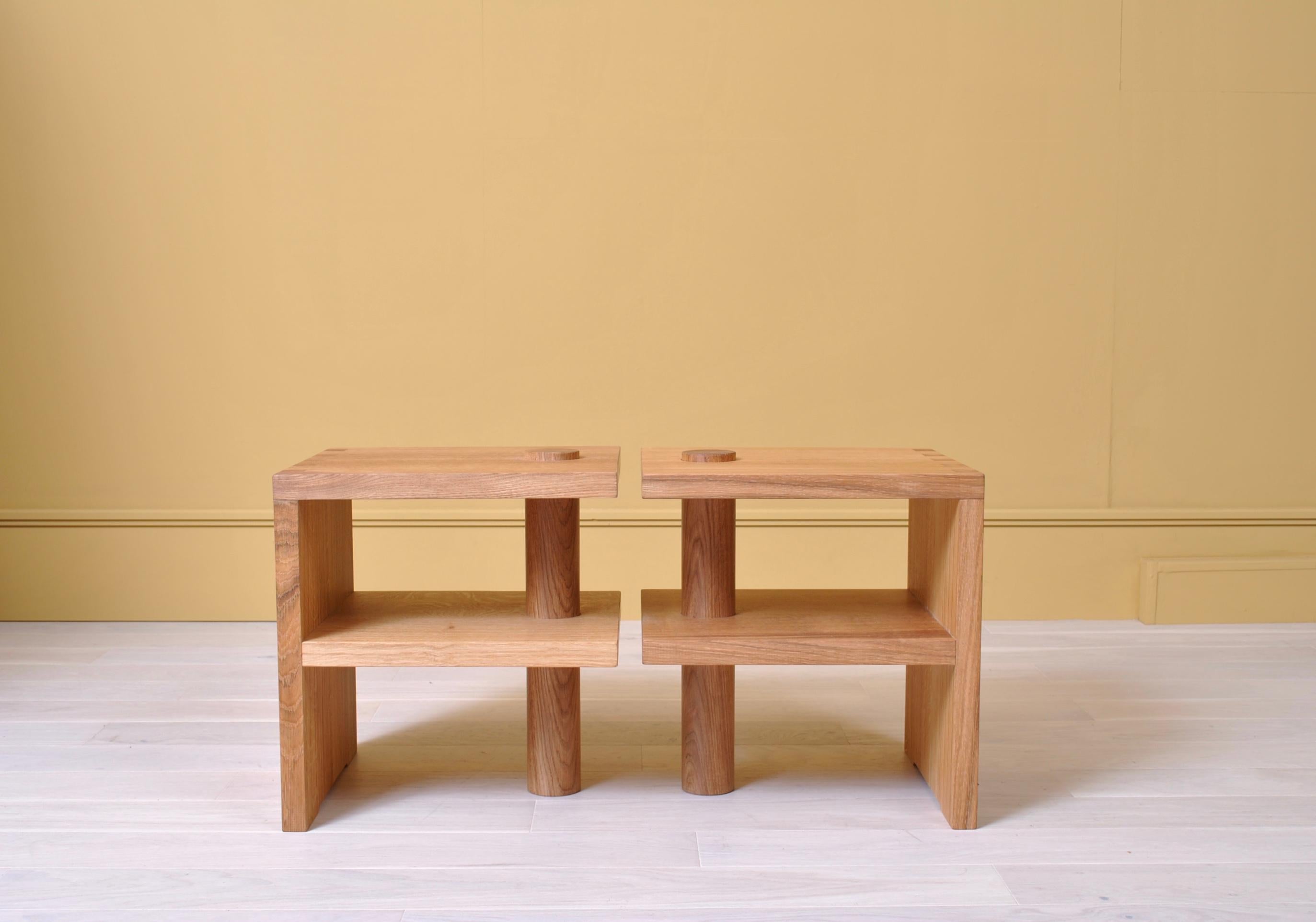 Architectural Postmodern oak pillar stools. Designed by SUM furniture and handcrafted using traditional techniques from fully quarter sawn English oak. handcut dovetail jointing with turned oak upright pillar piercing through the sections. These can