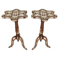 Handcrafted Pair of Wooden Coffee Tables with Mother-of-Pearl Inlaid Legs