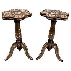 Handcrafted Pair of Wooden Coffee Tables with Mother-of-Pearl Inlaid Legs