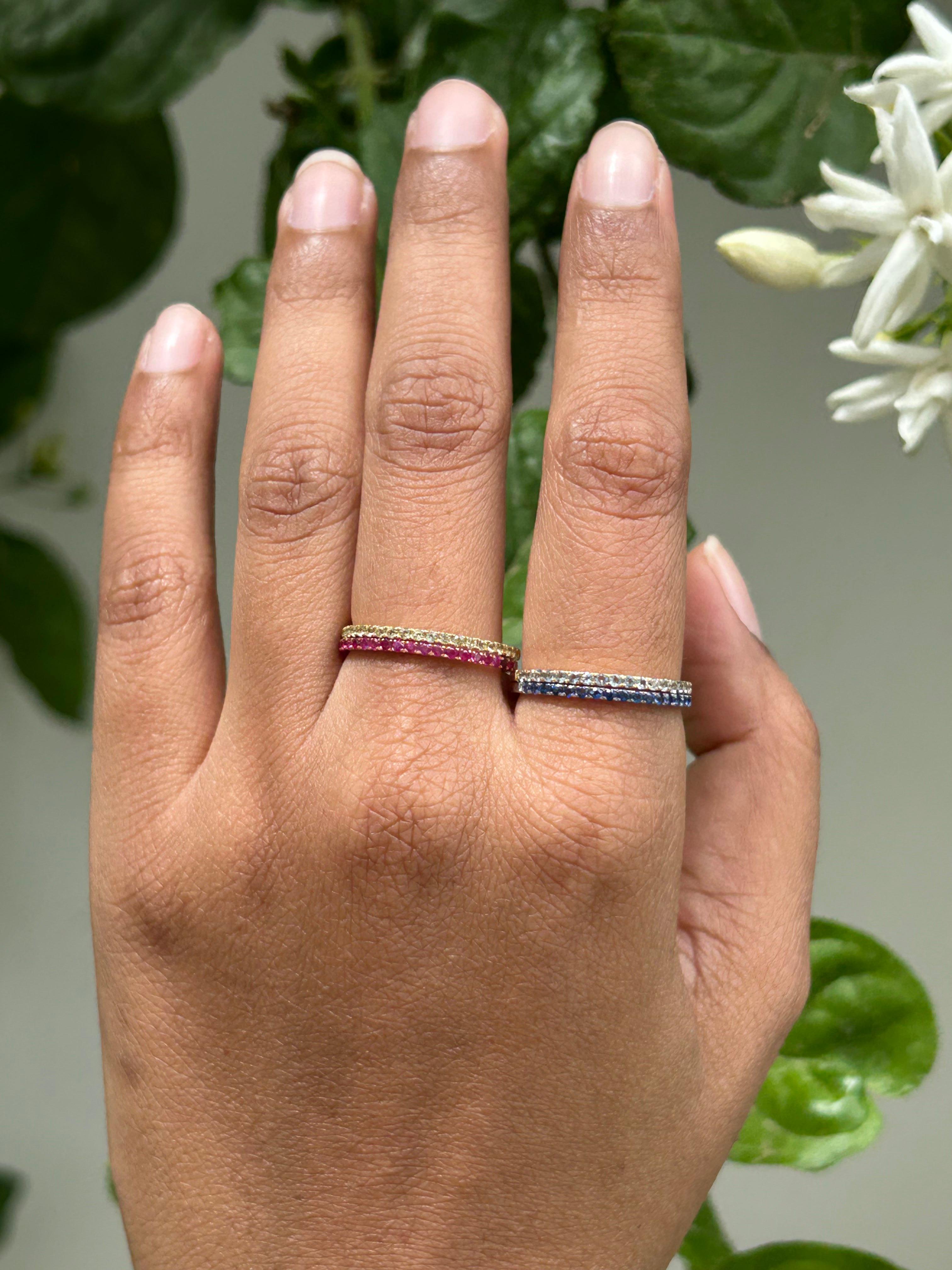 For Sale:  Handcrafted Pave Set Ruby Stacking Band Ring in 18k Solid Rose Gold 17