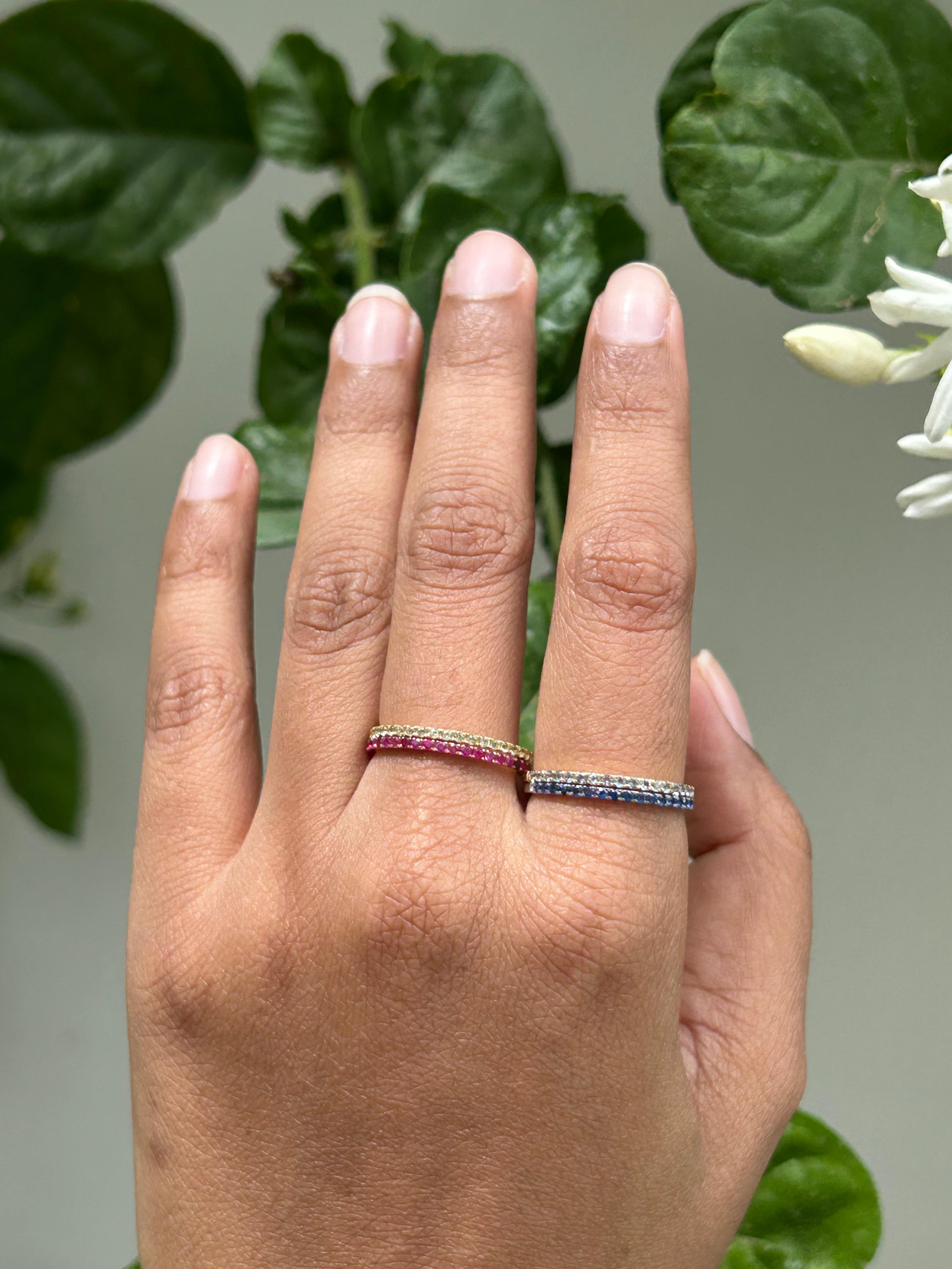 For Sale:  Handcrafted Pave Set Ruby Stacking Band Ring in 18k Solid Rose Gold 19