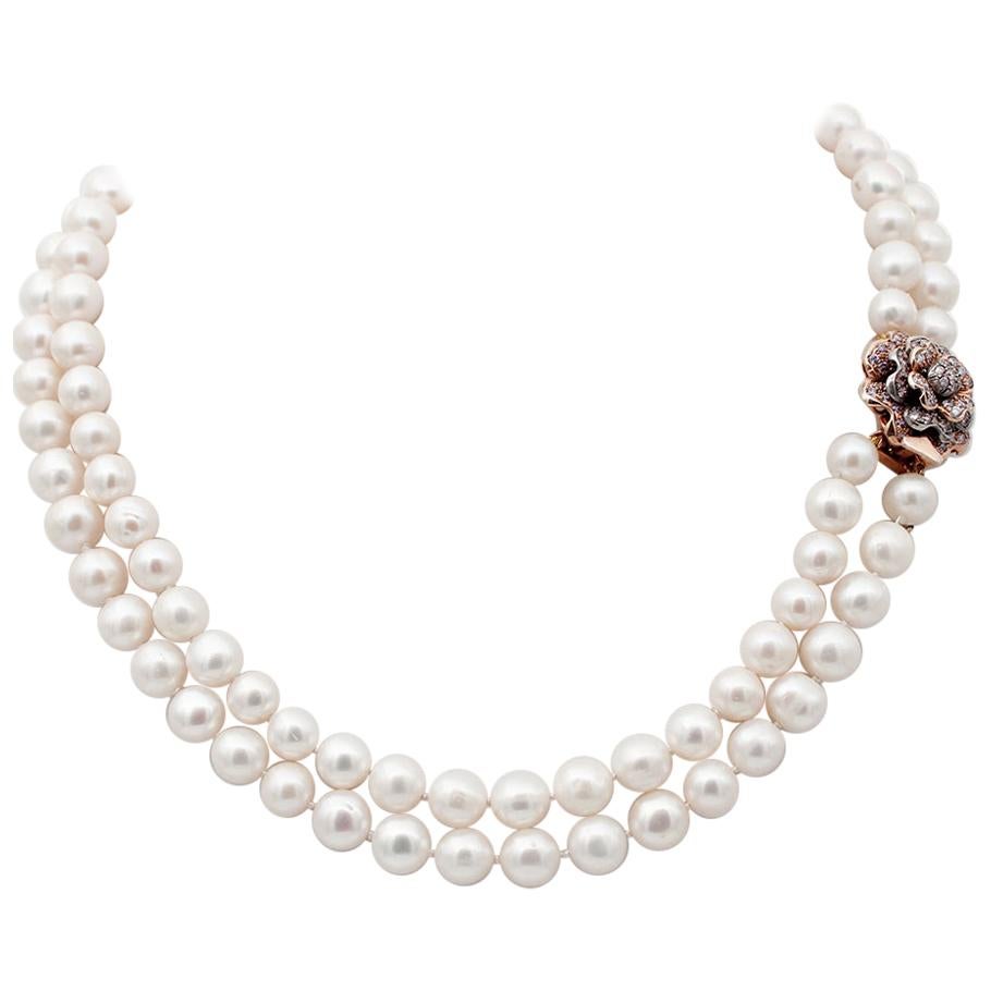 Handcrafted Pearl, Colored Stones, 9 Karat Rose Gold and Silver Necklace