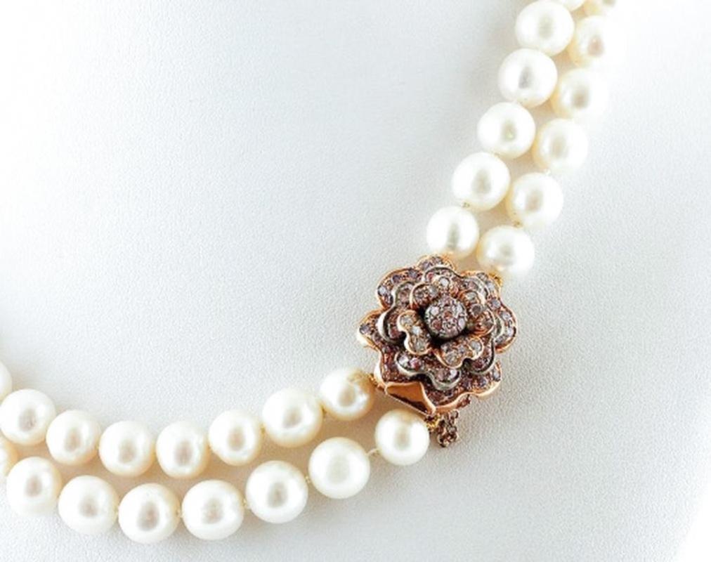 Retro Handcrafted Pearl, Colored Stones, 9 Karat Rose Gold and Silver Necklace