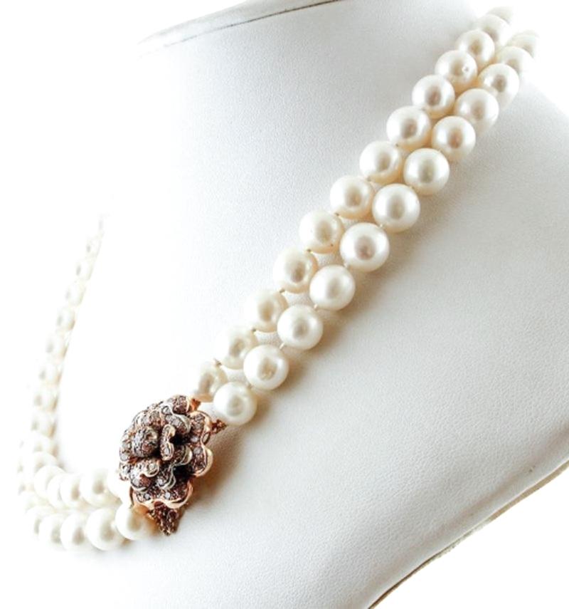 Round Cut Handcrafted Pearl, Colored Stones, 9 Karat Rose Gold and Silver Necklace