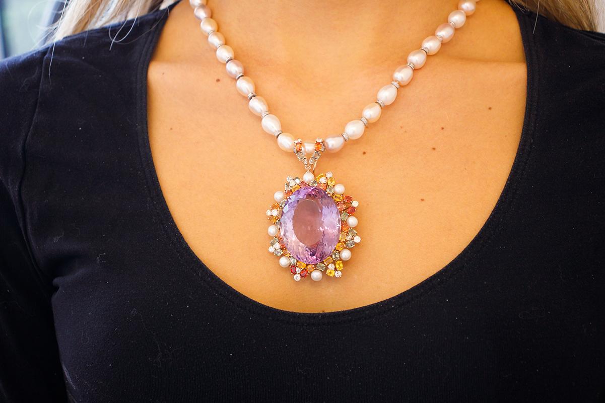 Handcrafted Pearl Necklace with Amethyst Pendant, Diamonds and Colored Sapphires 4