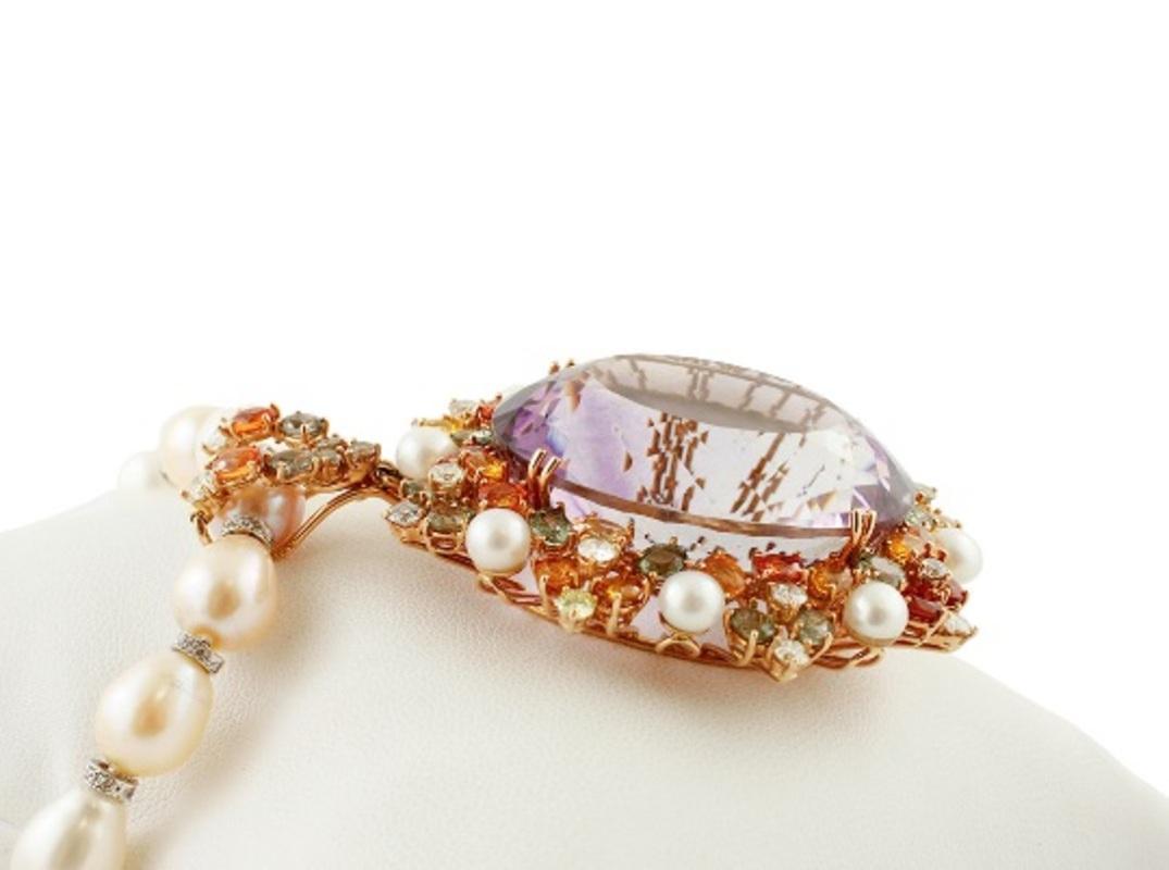 Retro Handcrafted Pearl Necklace with Amethyst Pendant, Diamonds and Colored Sapphires