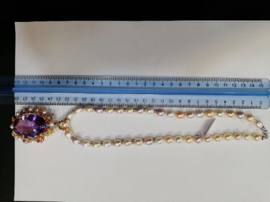 Handcrafted Pearl Necklace with Amethyst Pendant, Diamonds and Colored Sapphires 1