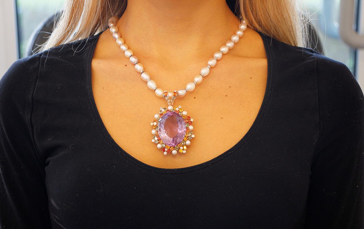 Handcrafted Pearl Necklace with Amethyst Pendant, Diamonds and Colored Sapphires 3