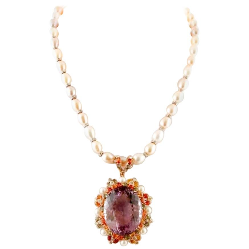 Handcrafted Pearl Necklace with Amethyst Pendant, Diamonds and Colored Sapphires