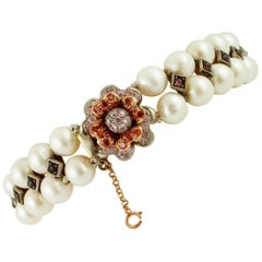 Handcrafted Pearls, Garnets, Colored Stones, 9 Karat Gold and Silver Bracelet