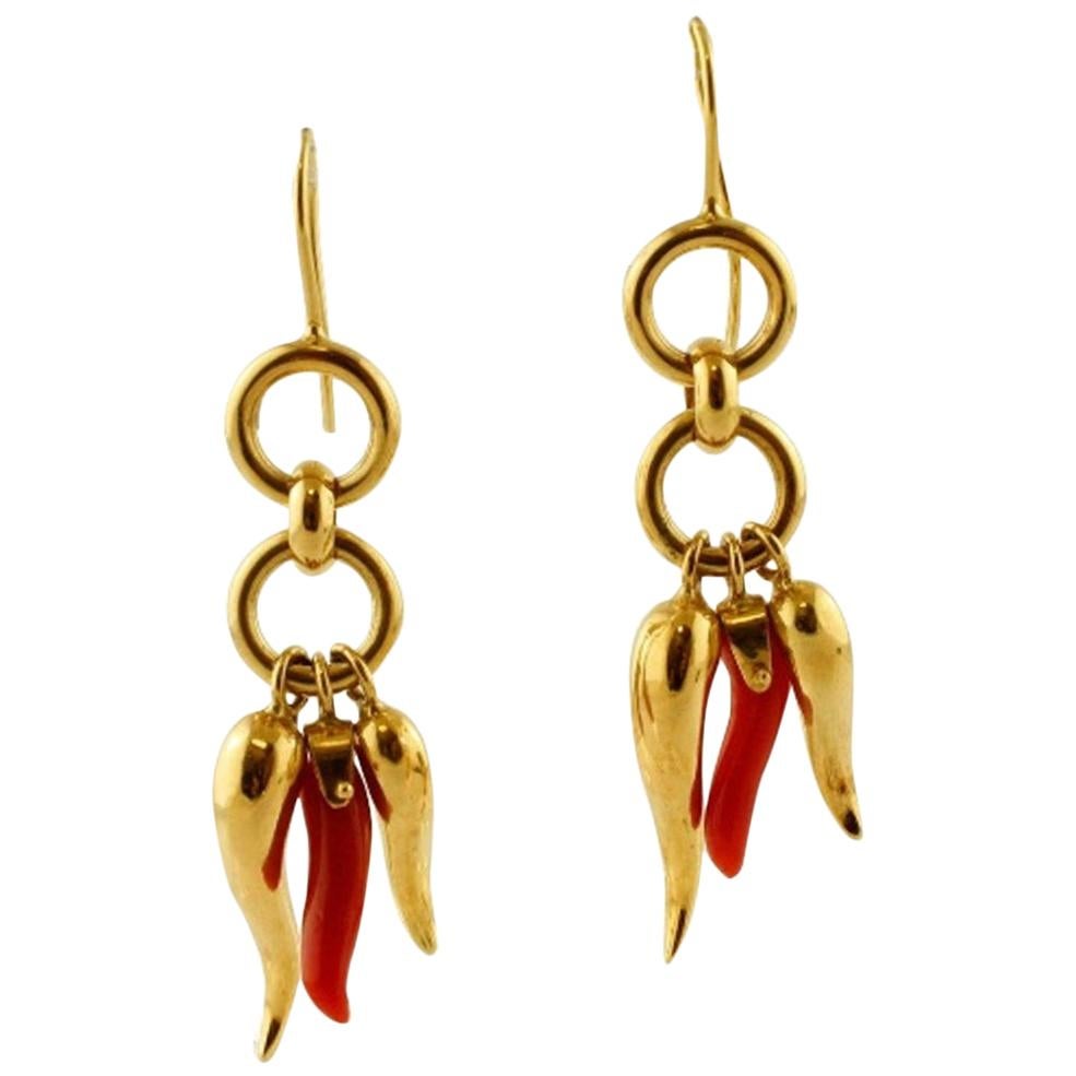 Handcrafted Pendant Earrings 18 Karat Gold and Coral Lucky Horn