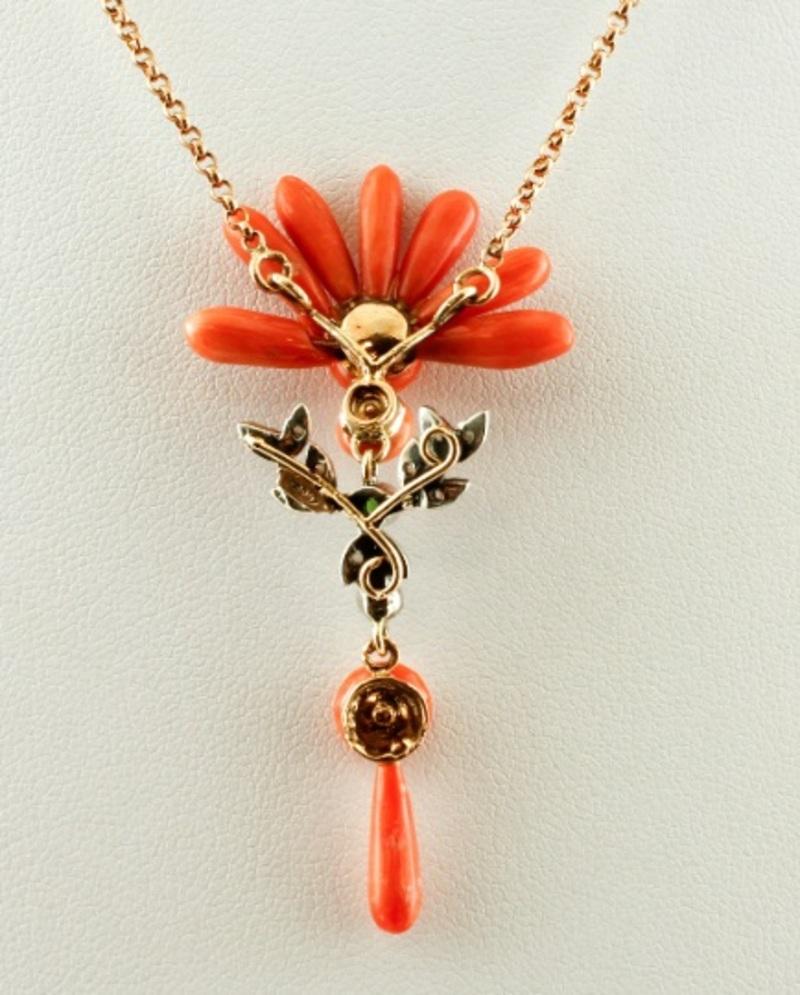 Retro Handcrafted Pendant Necklace Coral , Diamonds, Tsavorite, Rose Gold and Silver For Sale