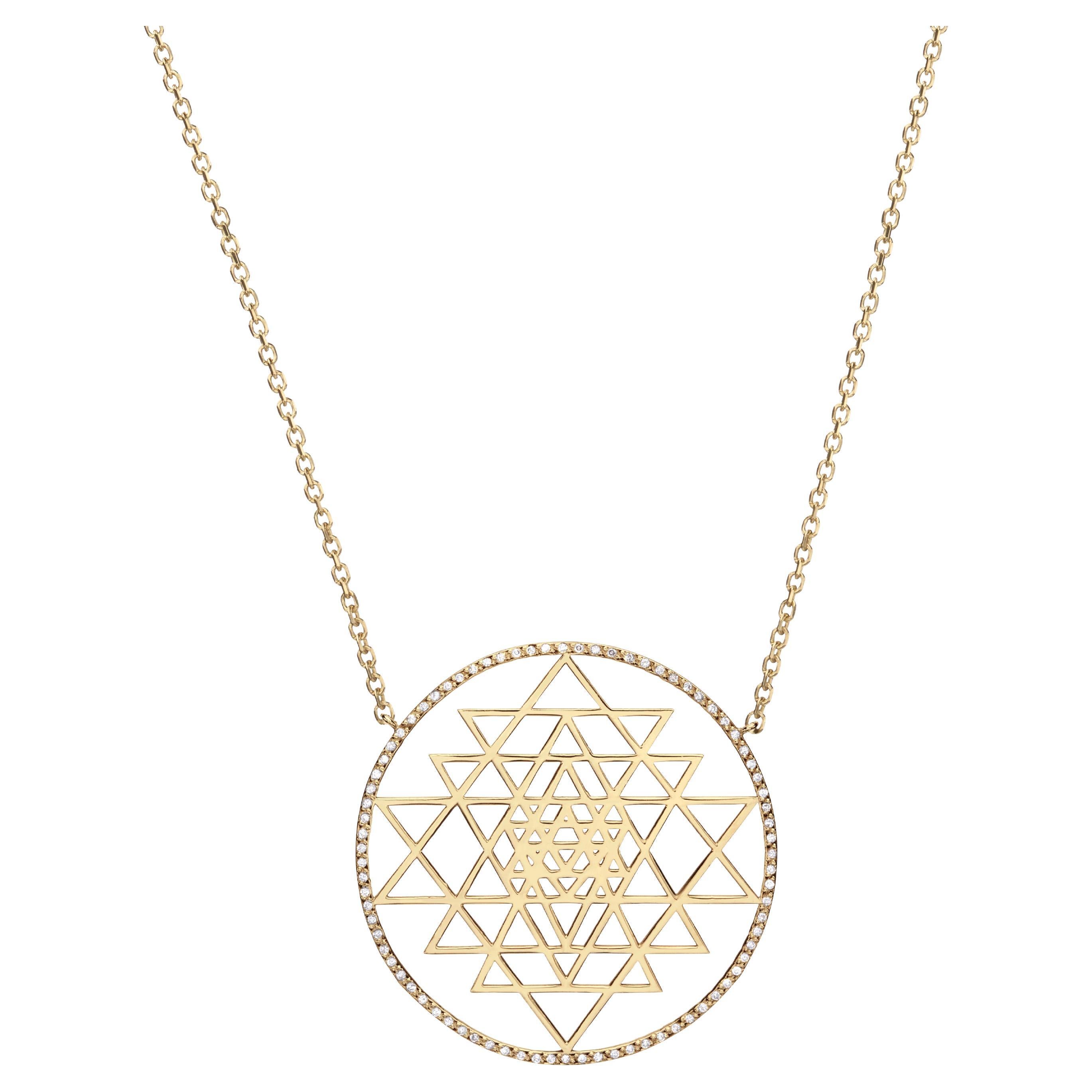 Sri Yantra Handcrafted Pendant Necklace 14Kt Gold and Diamonds Sacred Geometry