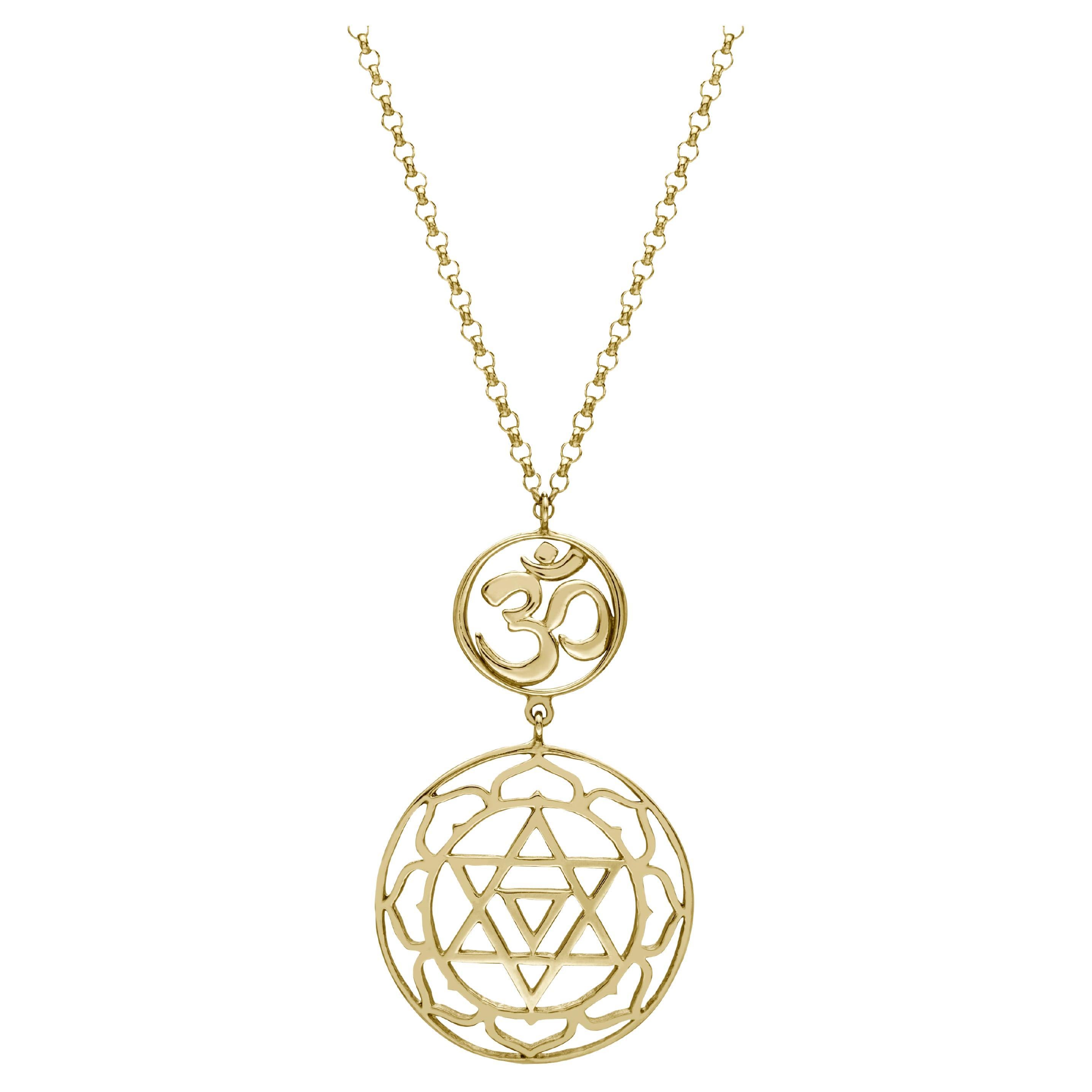Handcrafted Pendant Necklace with Baglamuckhi Yantra and Om Symbol in 14Kt Gold For Sale