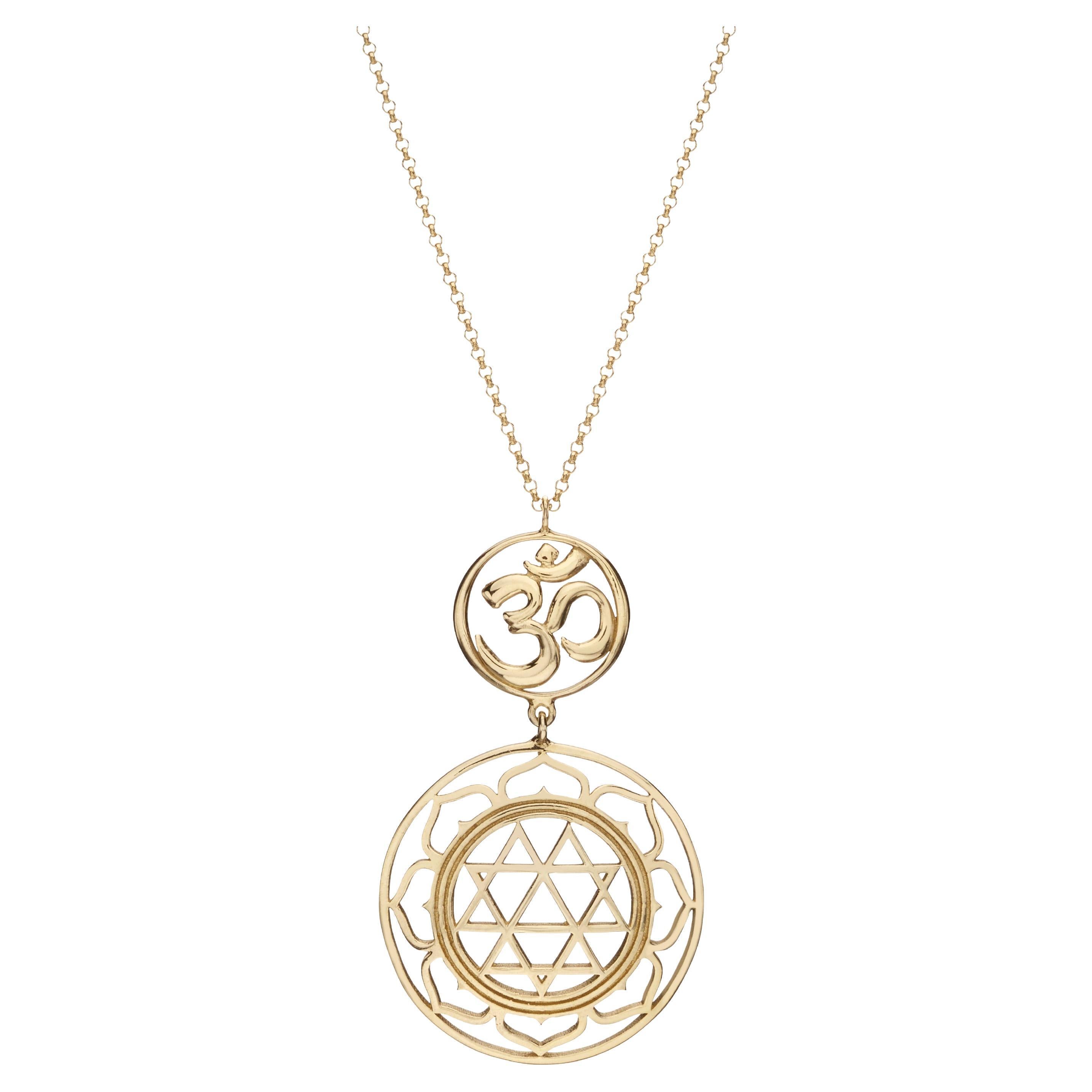 Spiritual "OM" Symbol Pendant Chain Necklace Handmade Solid 14K Yellow Gold