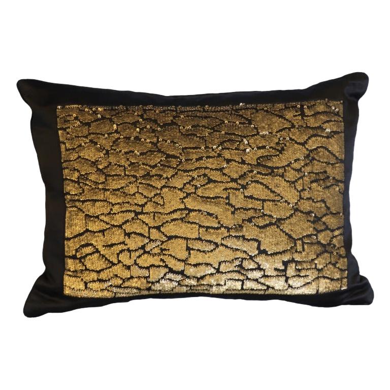 Handcrafted Pillow Gold Metallic Sequins on Black Satin For Sale