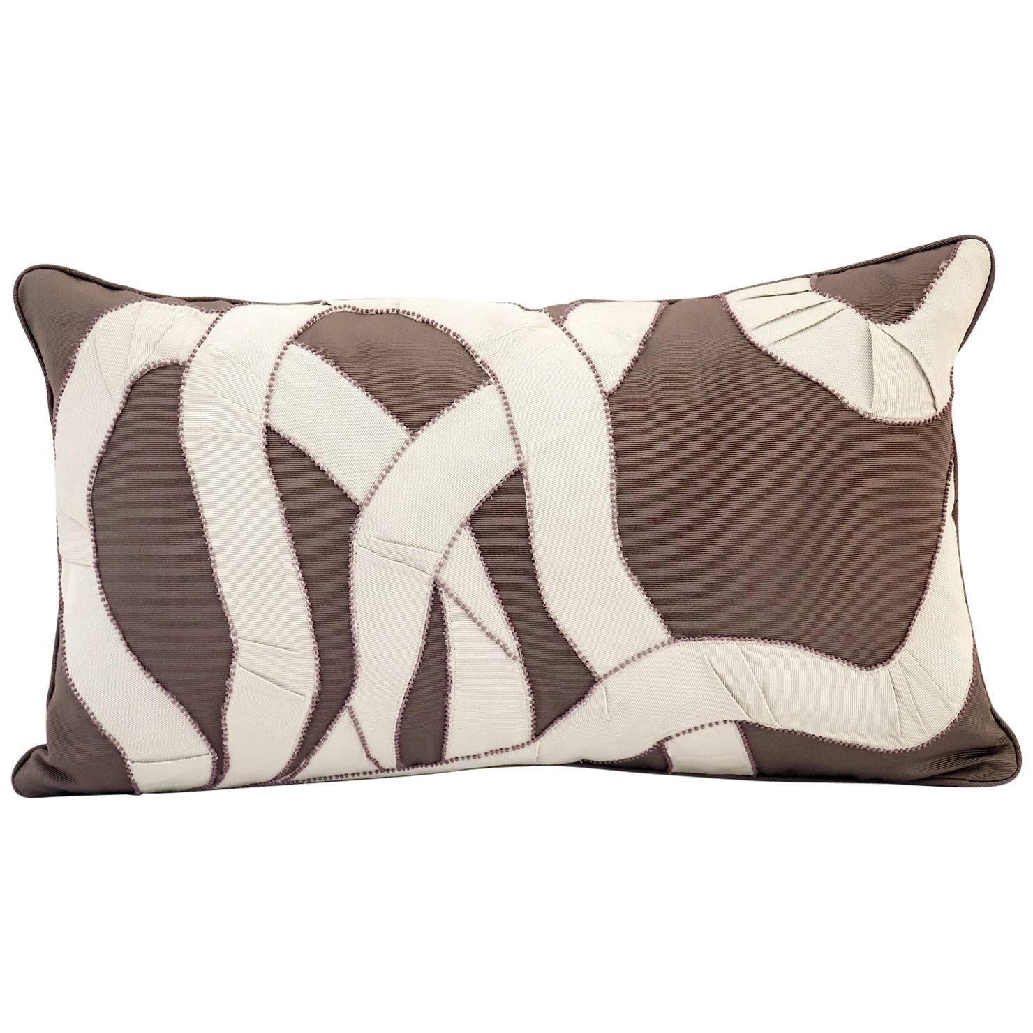 Handcrafted Pillow Hand Appliqué Faux Ribbon Design with Beading in Matt Beads For Sale