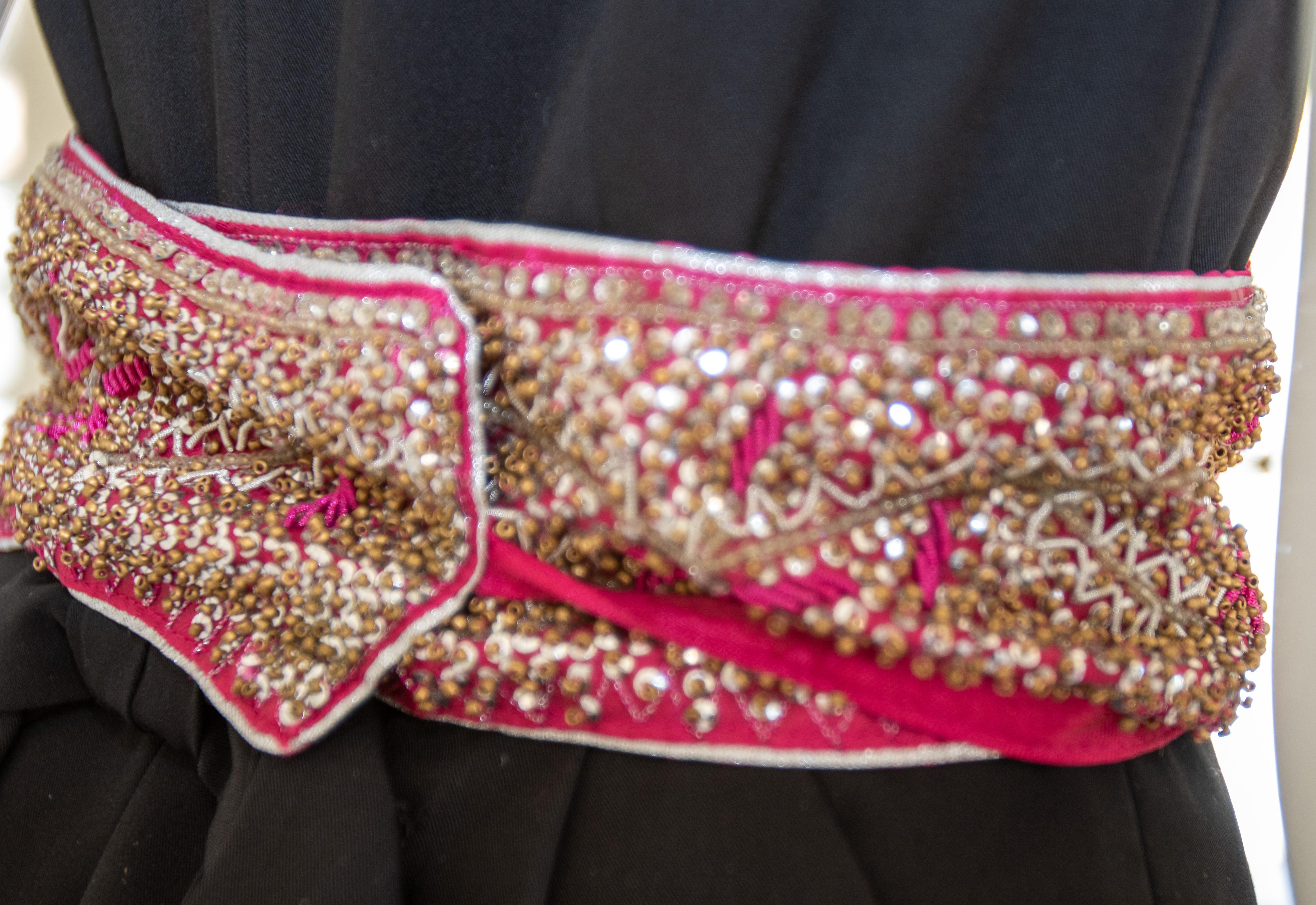Brown Handcrafted Pink Bohemian Waist Belt Embroidered on Silk  For Sale